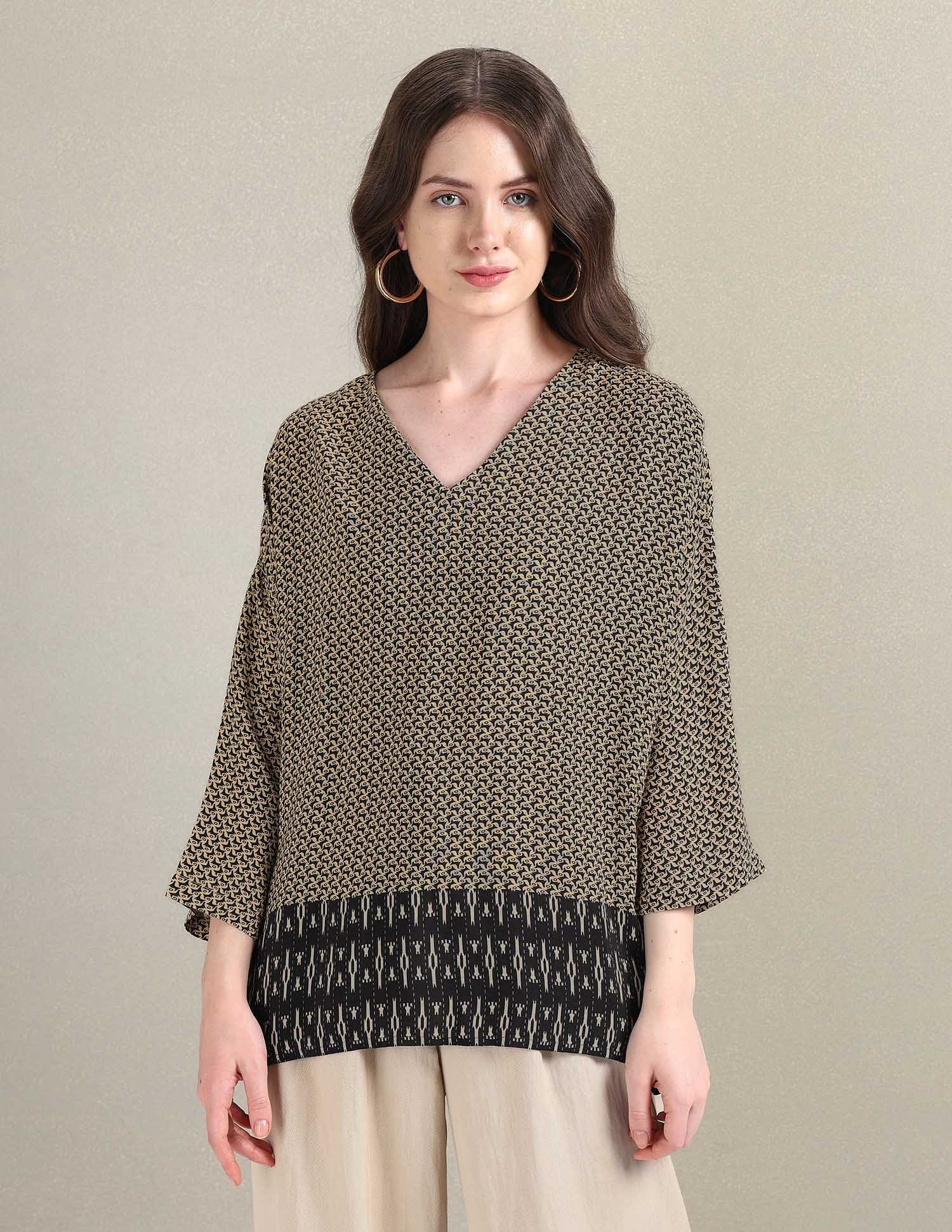 Geometric Print Viscose Kaftan Top Beige and Black - U.S. POLO ASSN. | Large