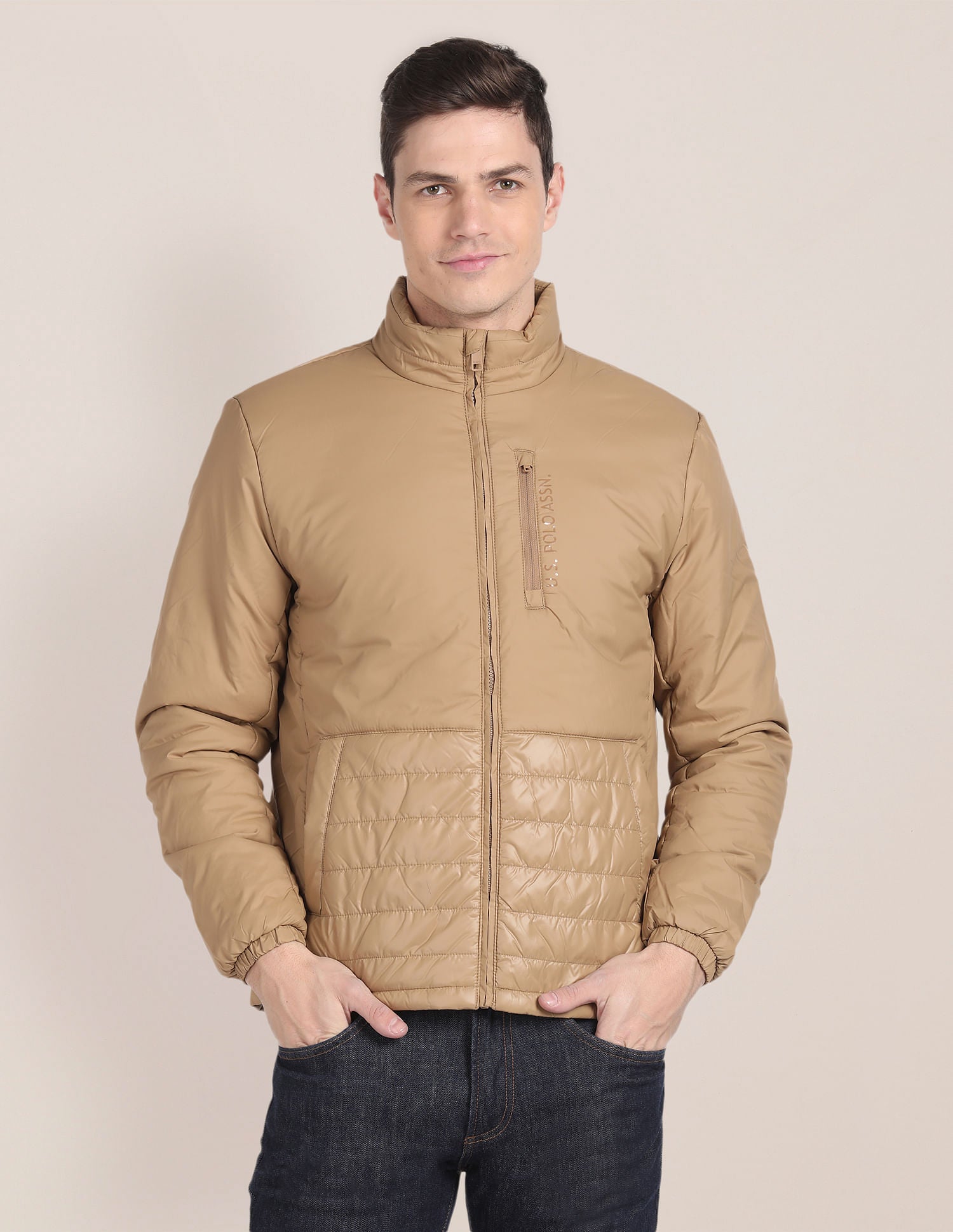 Solid Zip Up Quilted Jacket Khaki - U.S. POLO ASSN. | Large