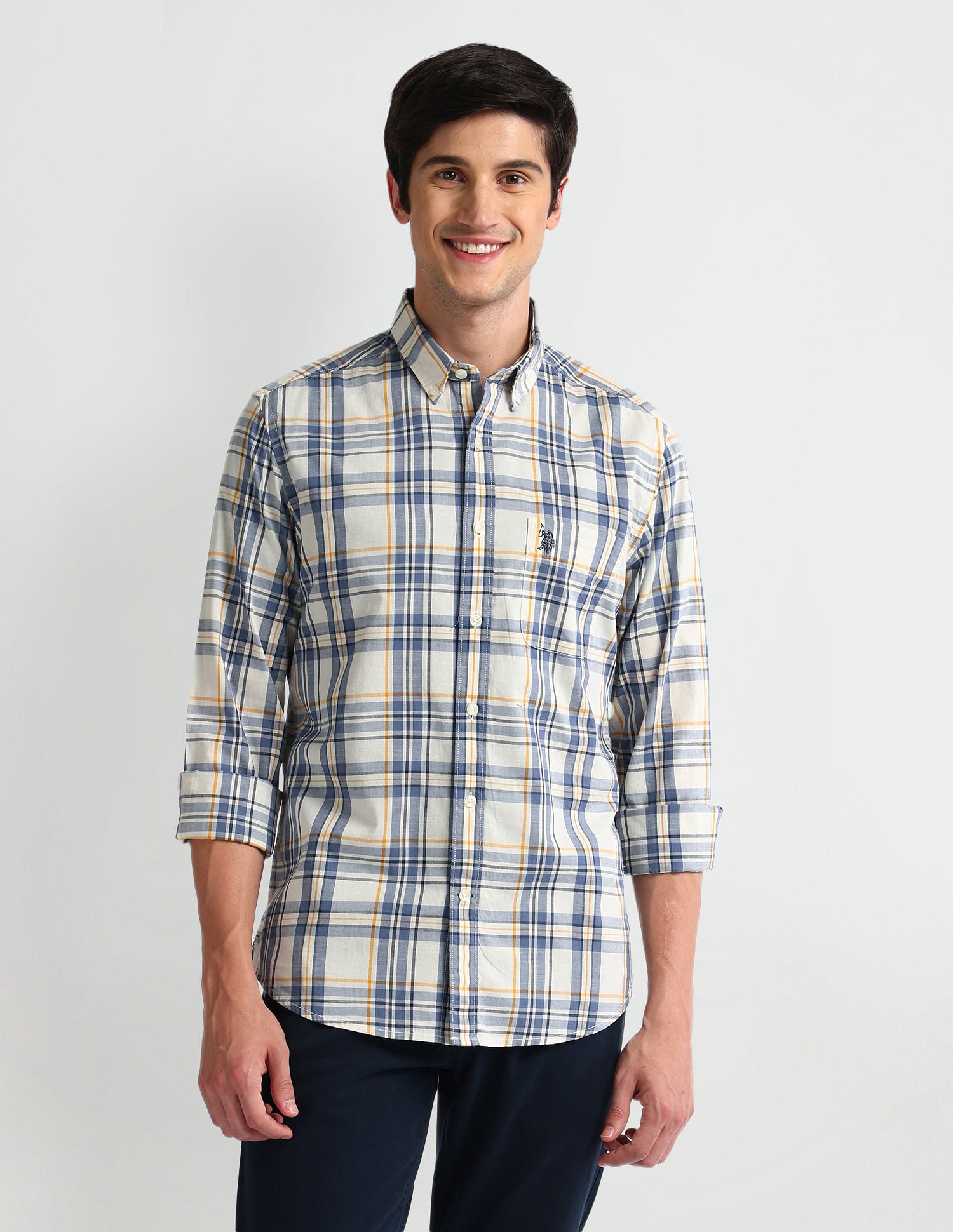 Tartan Check Tailored Fit Shirt Ivory and Blue - U.S. POLO ASSN. | Large