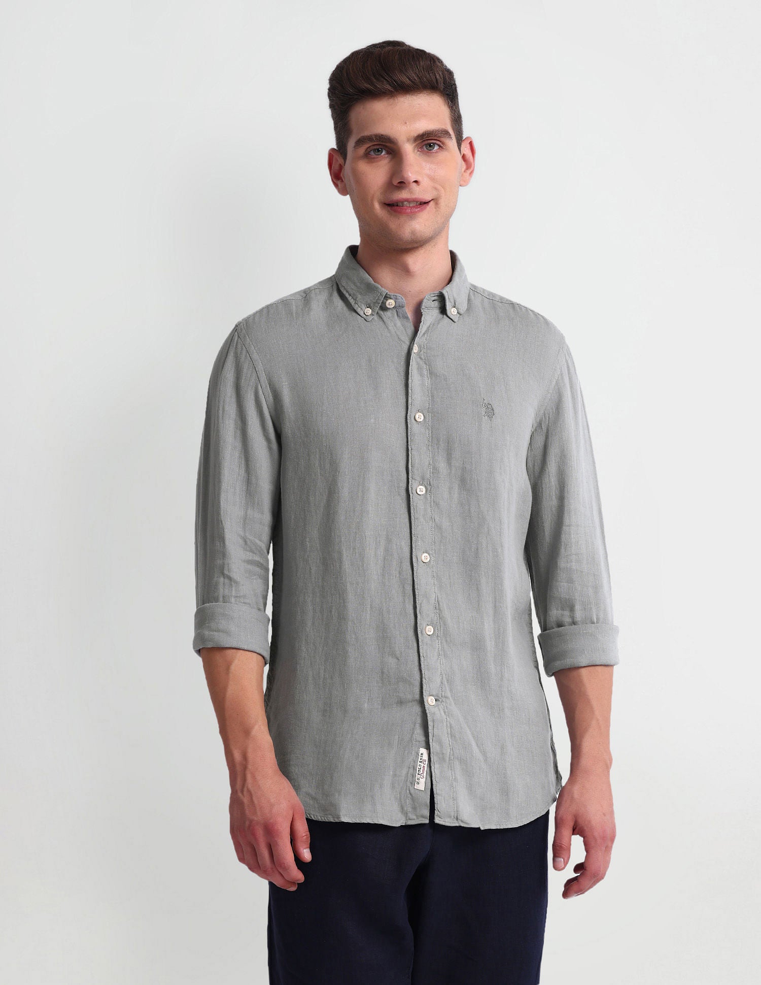 Slim Fit Solid Shirt Light Grey - U.S. Polo Assn. India | Large