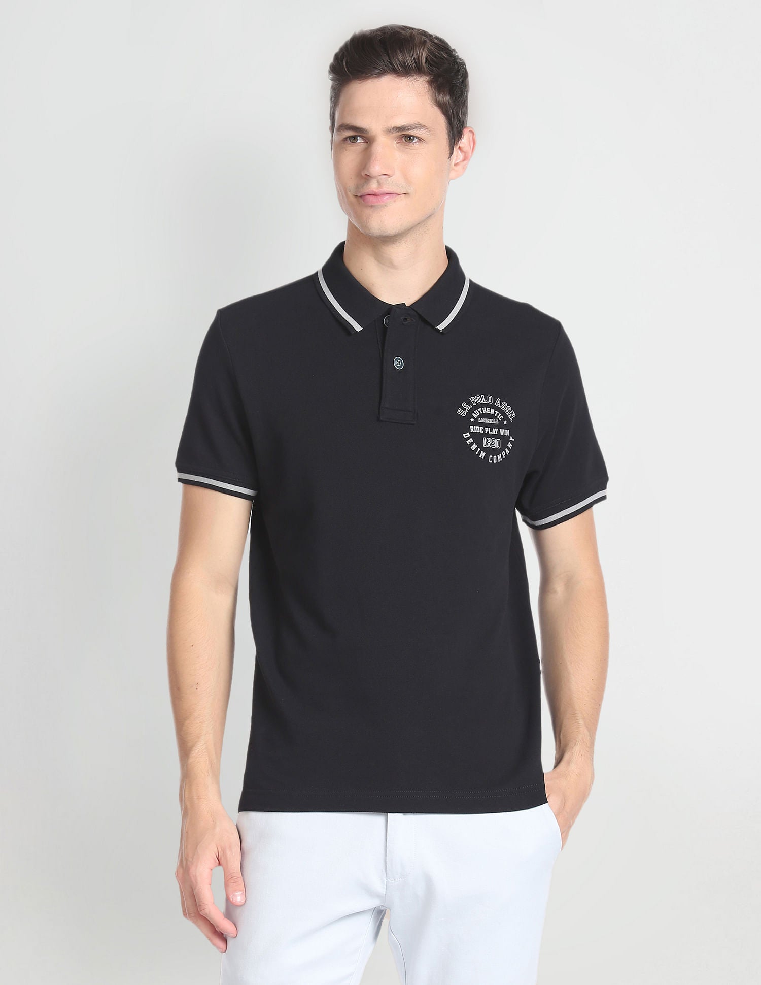 Striped Collar Cotton Polo Shirt Black - U.S. POLO ASSN. | Large
