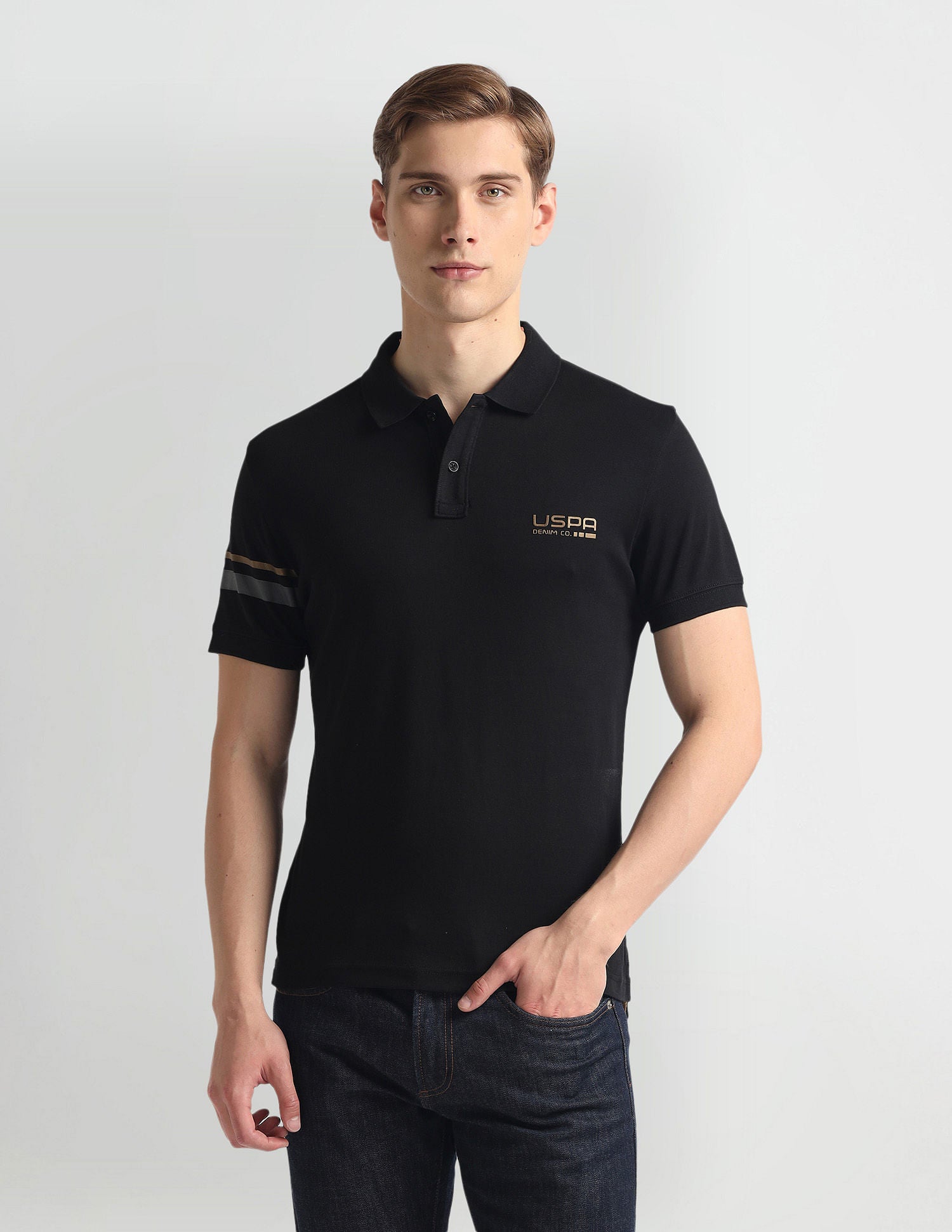 Ribbed Collar Solid Polo Shirt Black - U.S. Polo Assn. India | Large