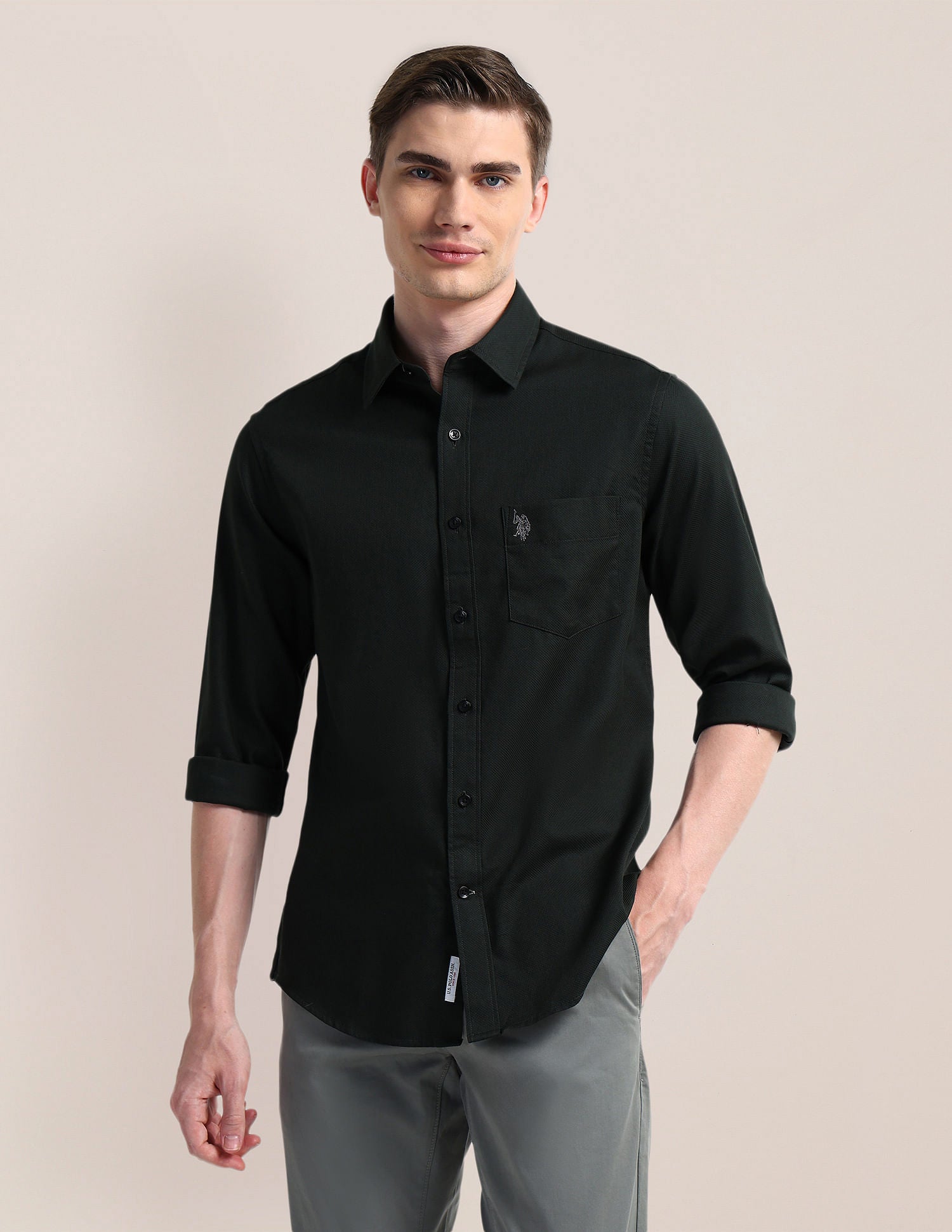 Cutaway Collar Premium Cotton Shirt Green - U.S. POLO ASSN. | Large