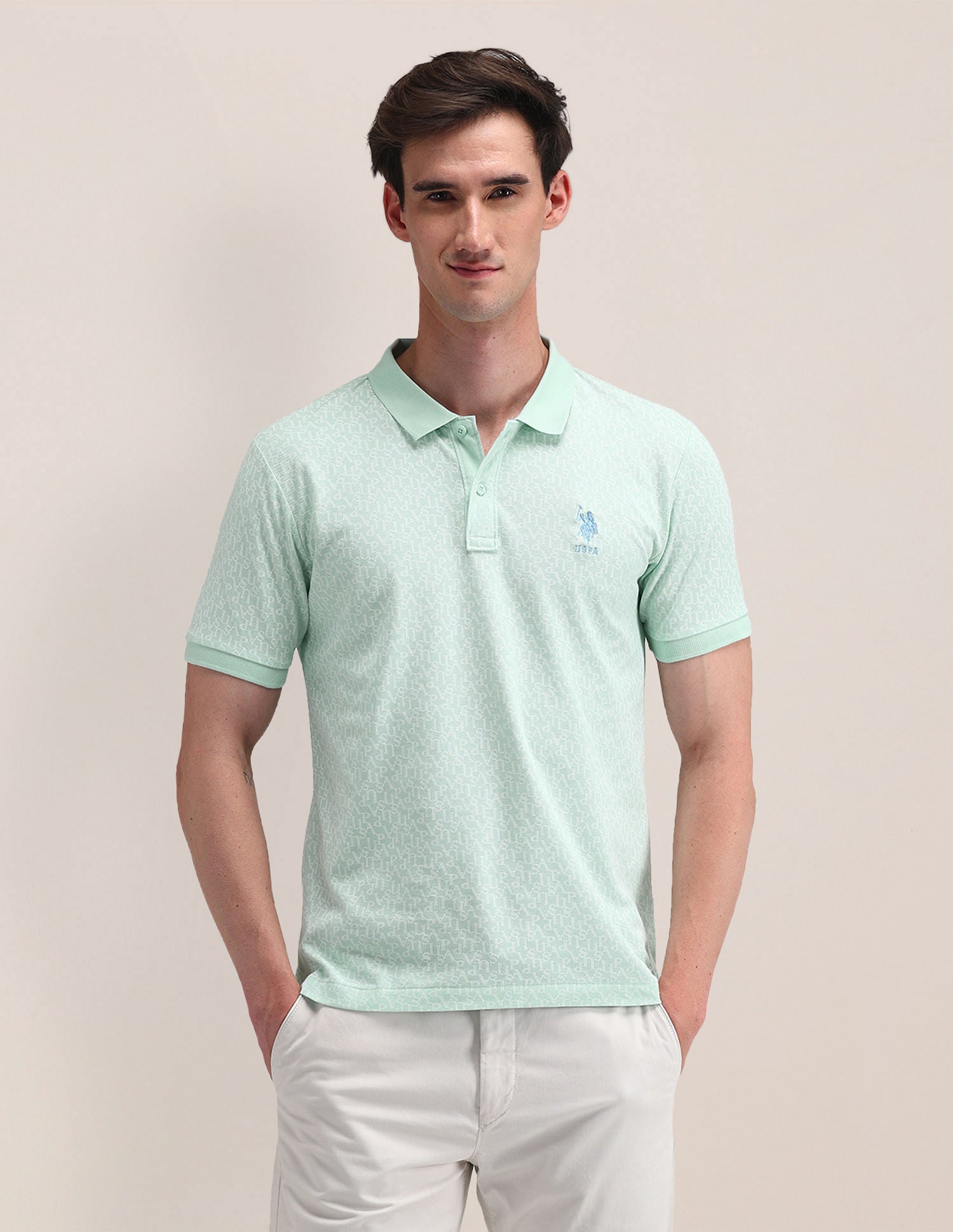 Slim Fit Printed Cotton Polo Shirt Green - U.S. Polo Assn. India | Large
