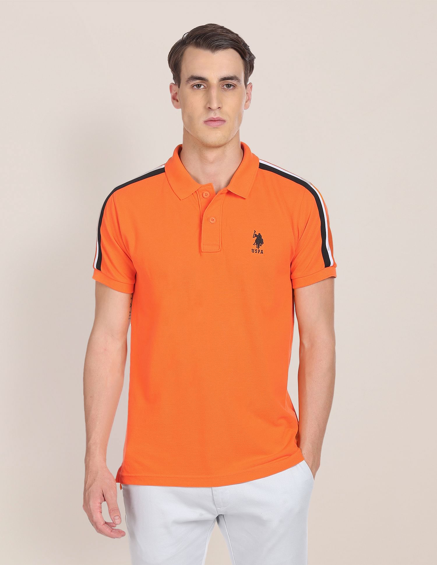 Striped Tape Solid Pure Cotton Polo Shirt Orange - U.S. Polo Assn. India | Large
