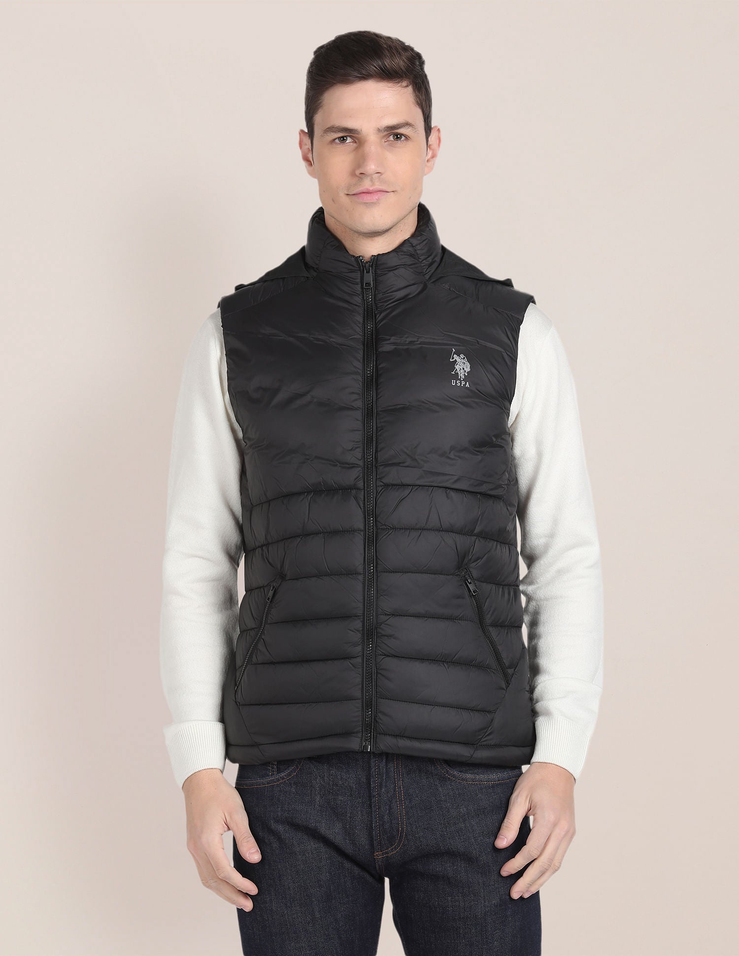 Concealed Hood Sleeveless Jacket Black - U.S. POLO ASSN. | Large
