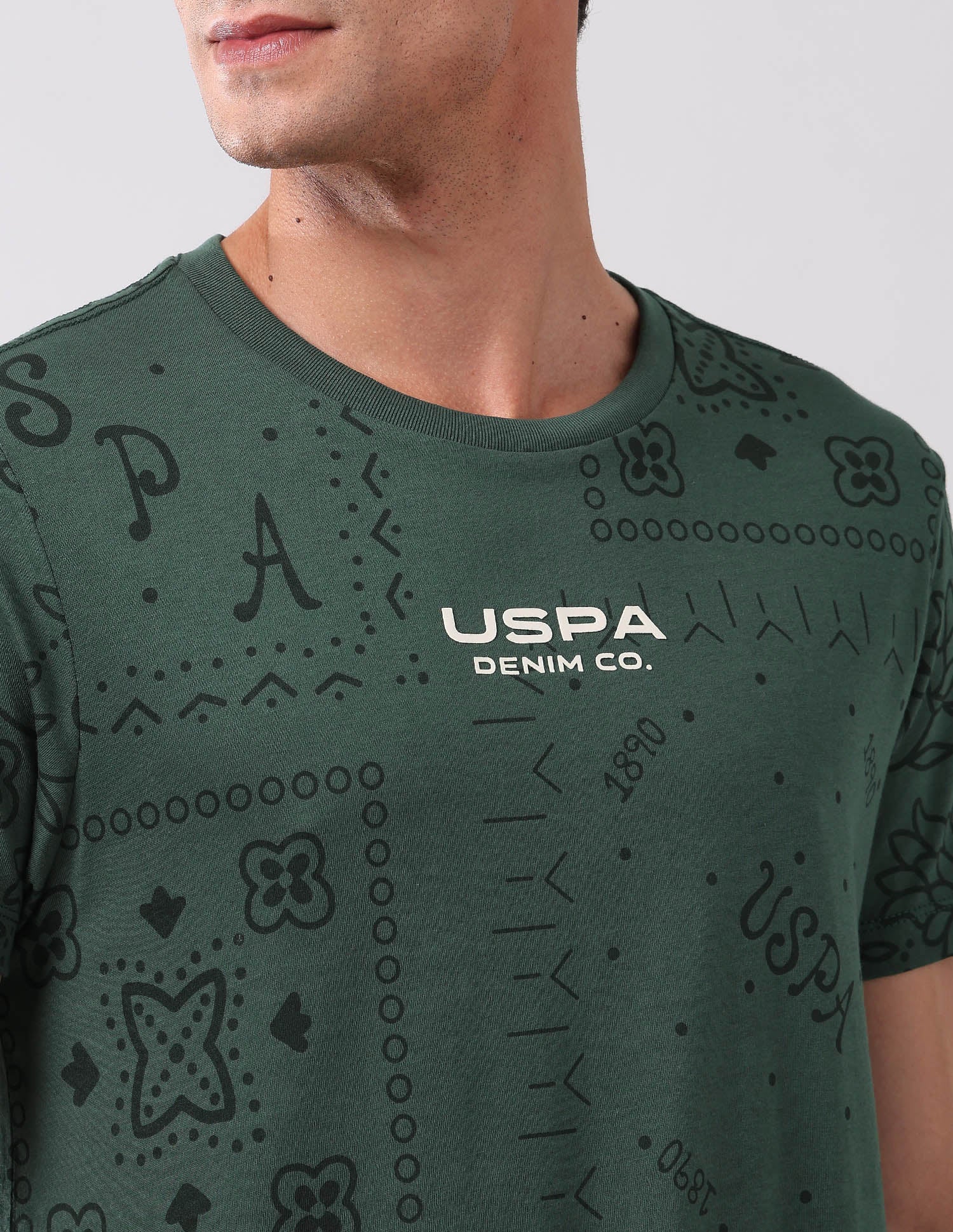 All Over Printed Pure Cotton T-Shirt Olive - U.S. Polo Assn. India | Large