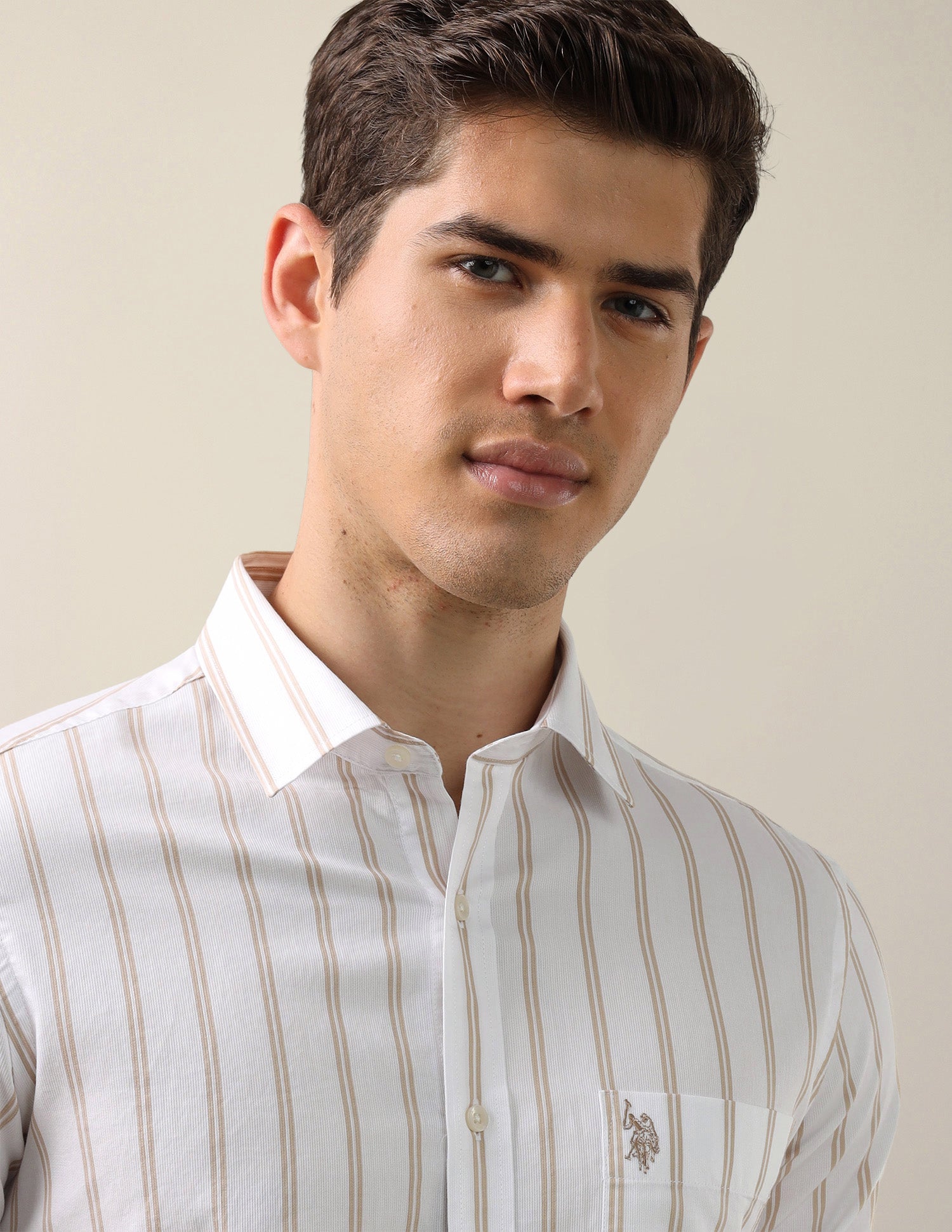 Vertical Striped Tailored Fit Shirt Beige - U.S. Polo Assn. India | Large