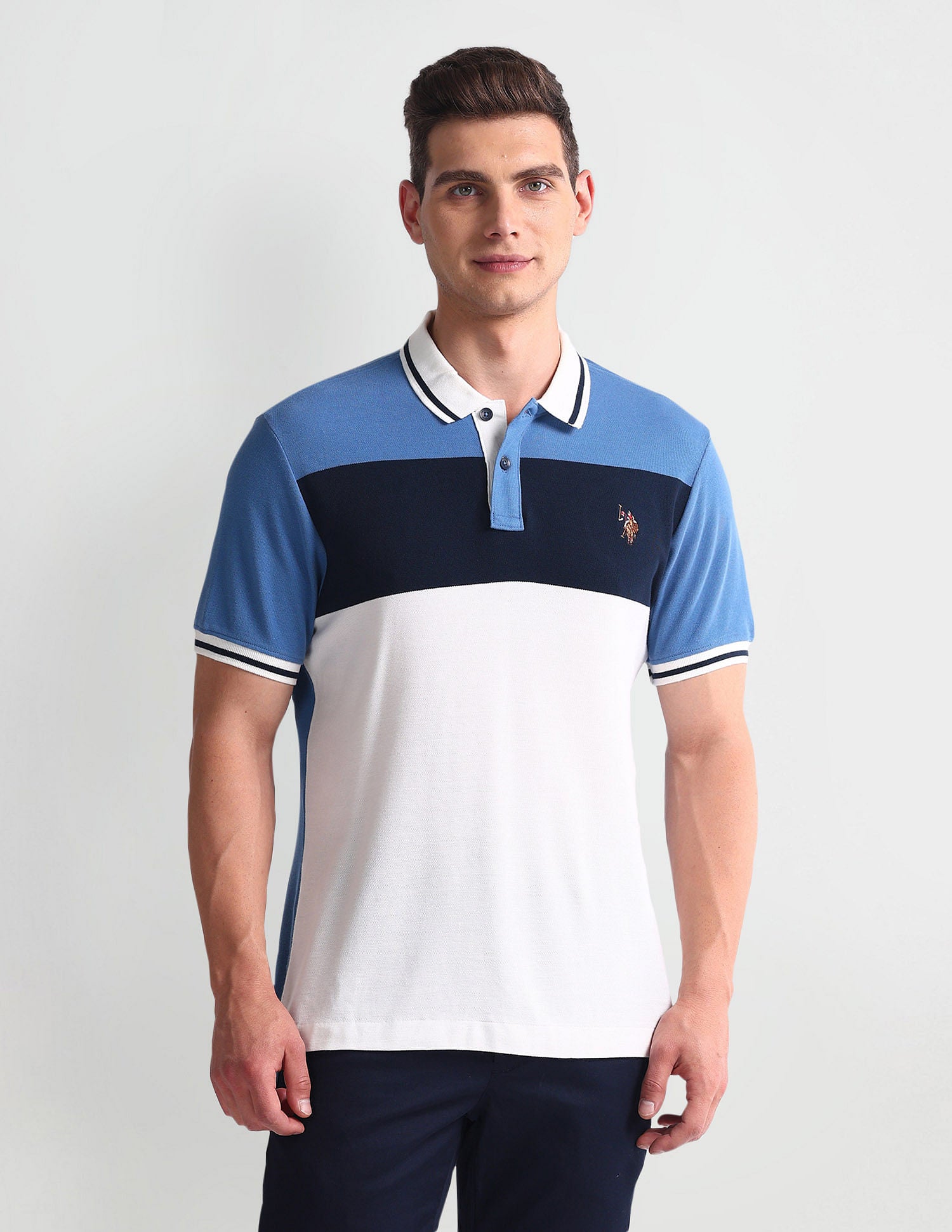 Colour Block Muscle Fit Polo Shirt Blue and White - U.S. Polo Assn. India | Large