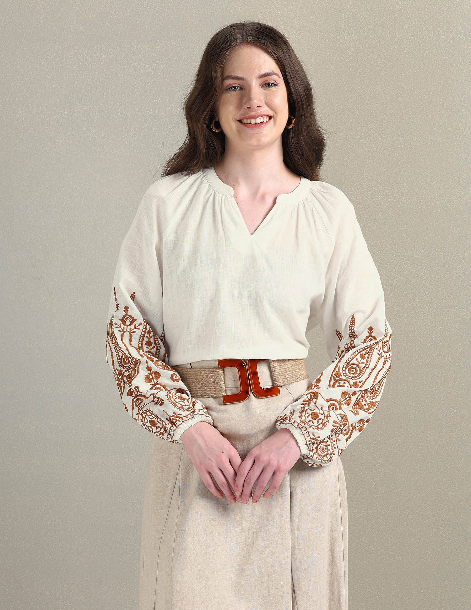 Cotton Flax Embroidered Blouson Top White - U.S. Polo Assn. India | Large