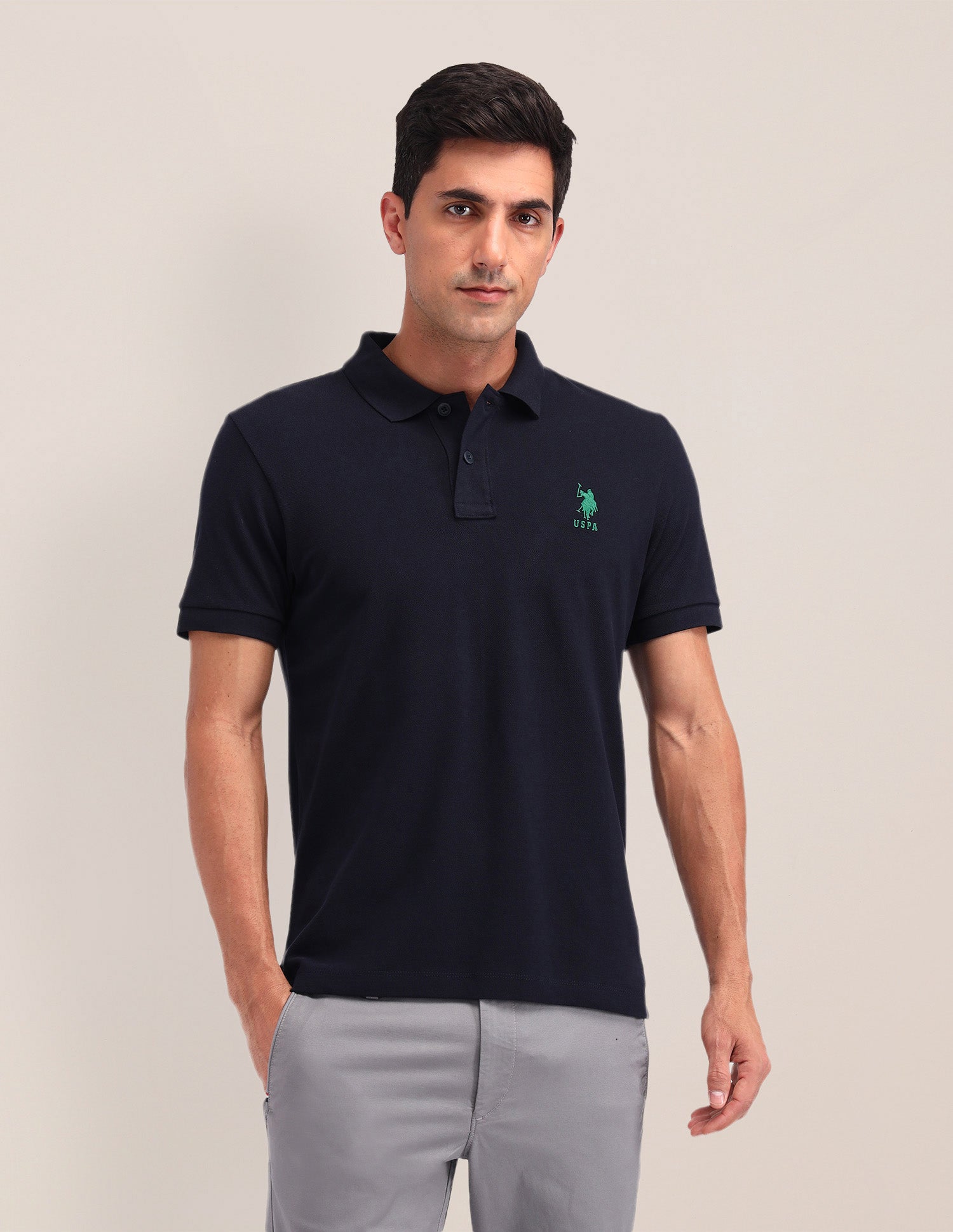 Solid Cotton Slim Fit Polo Shirt Navy - U.S. Polo Assn. India | Large