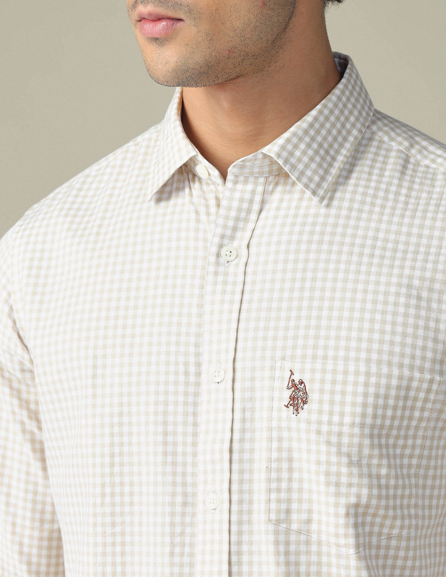 Pure Cotton Gingham Checked Shirt Beige - U.S. POLO ASSN. | Large