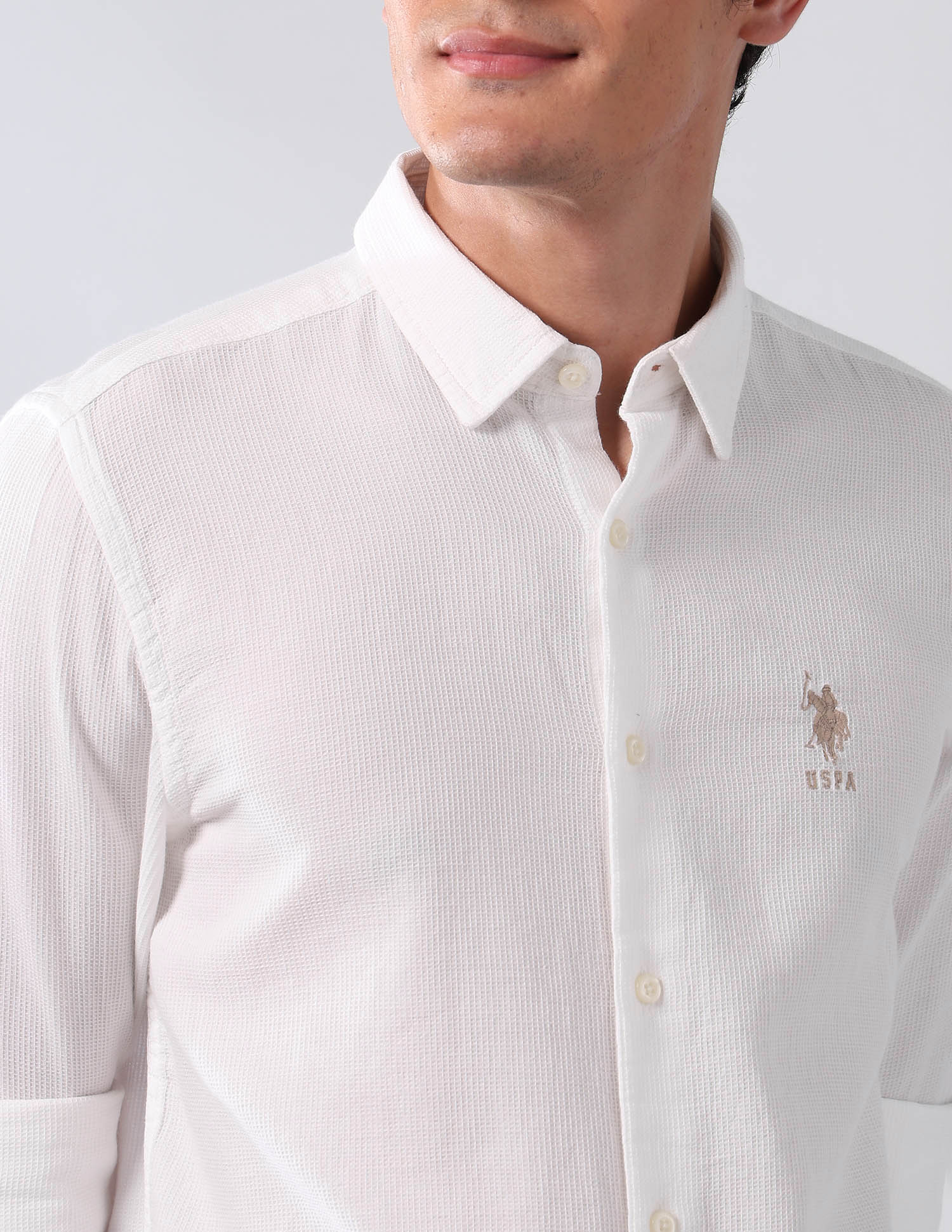 Pure Cotton Regular Fit Dobby Shirt White - U.S. Polo Assn. India | Large