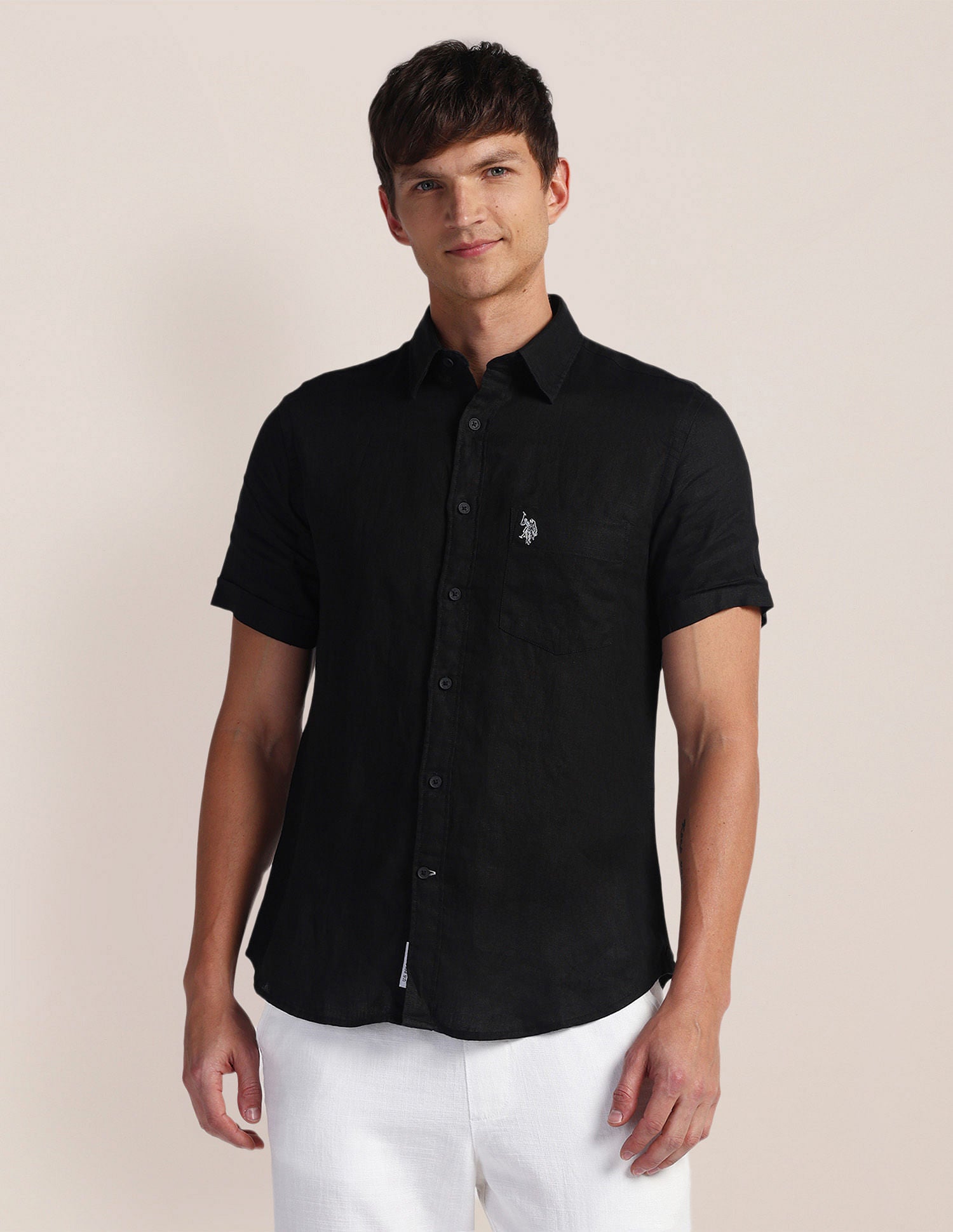 Solid Linen Regular Shirt Black - U.S. POLO ASSN. | Large