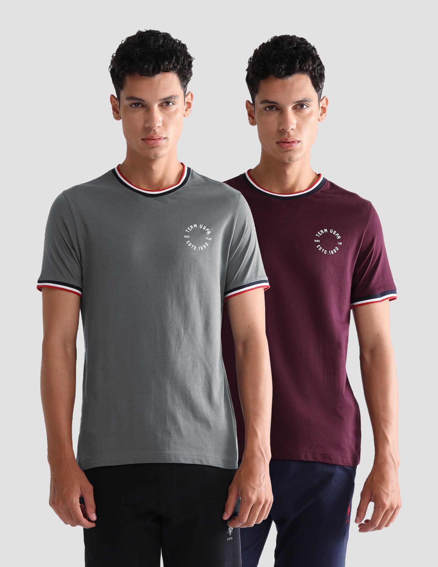 Comfort Fit Pure Cotton OEE01 Lounge T-Shirt - Pack Of 2 Dark Grey and Dark Wine - U.S. POLO ASSN. | Large
