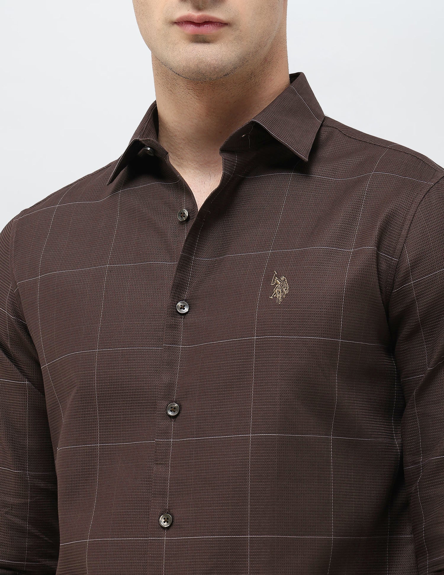 Textured With Windowpane Checked Regular Fit Shirt Brown - U.S. POLO ASSN. | Large