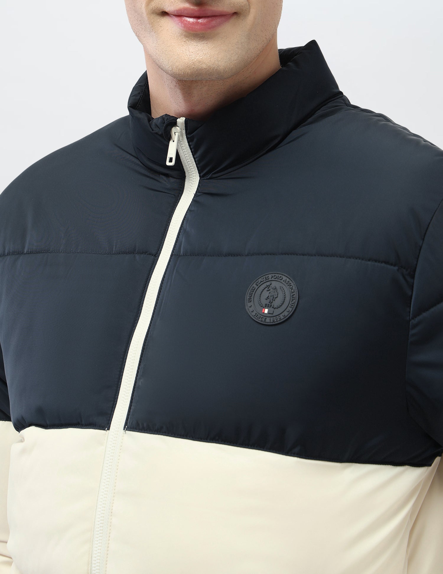 Colour Blocked Regular Fit Puffer Jacket Ivory - U.S. Polo Assn. India | Large