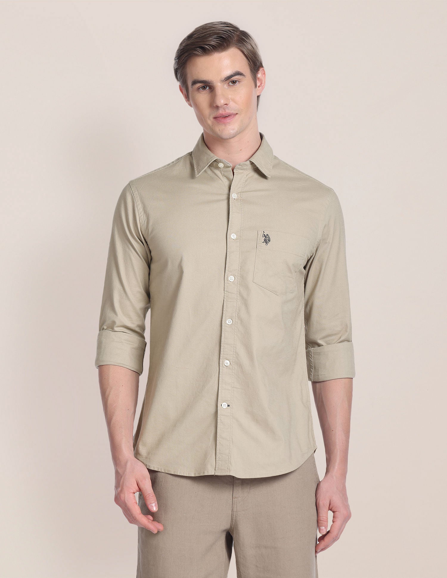 Solid Dobby Shirt Khaki - U.S. POLO ASSN. | Large