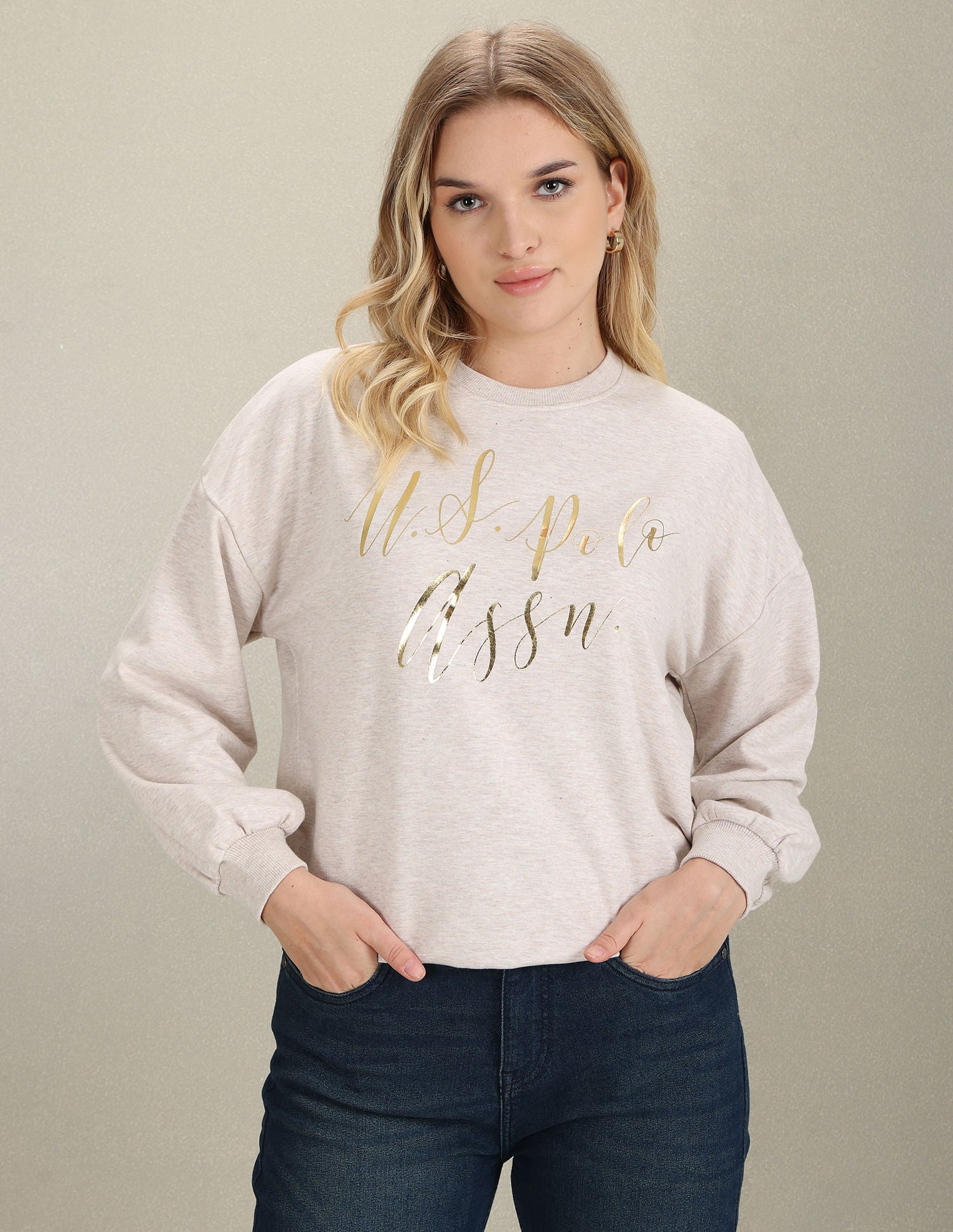 Foil Brand Print Heathered Sweatshirt Ecru - U.S. Polo Assn. India | Large