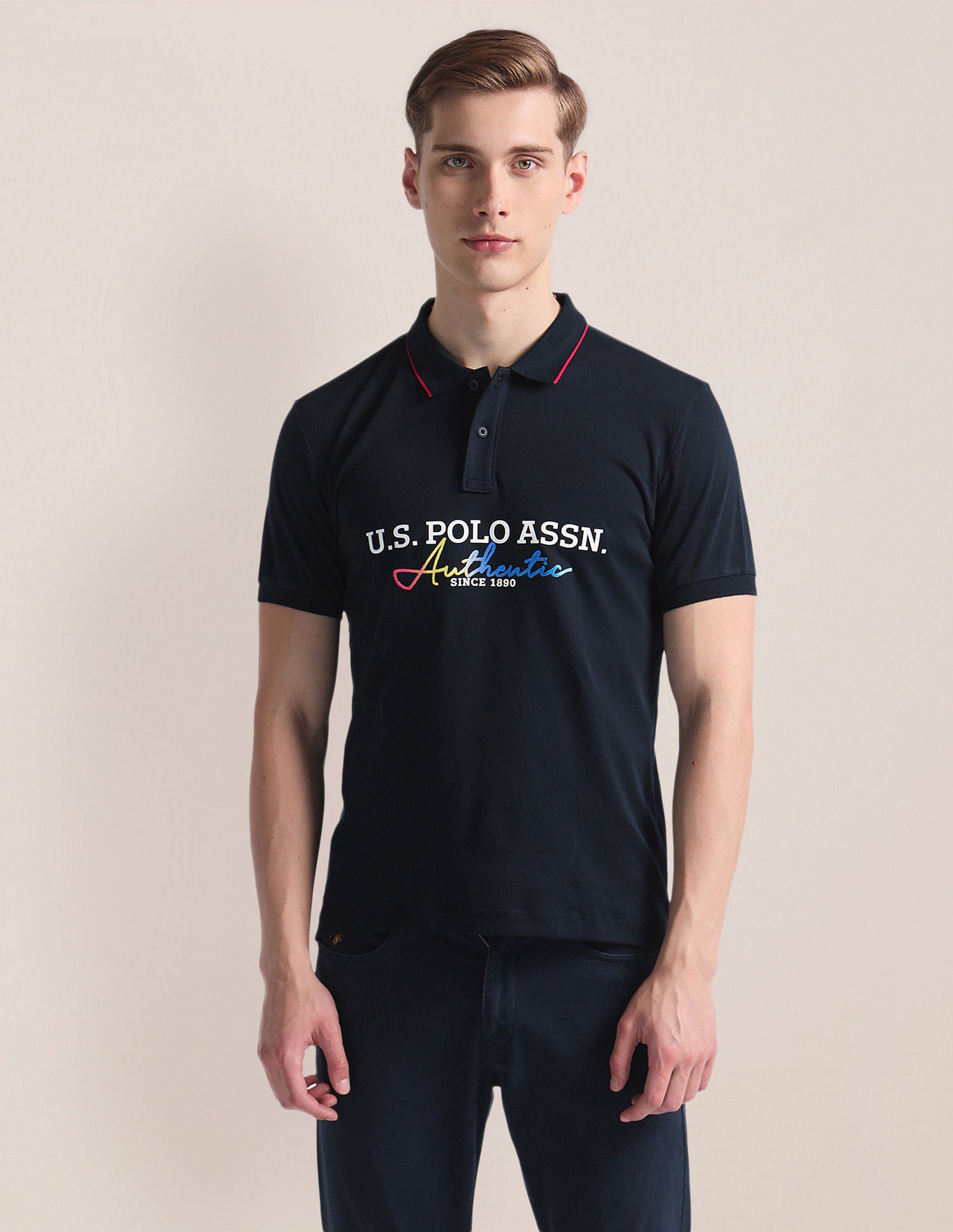 Tipped Collar Embroidered Polo Shirt Navy - U.S. Polo Assn. India | Large