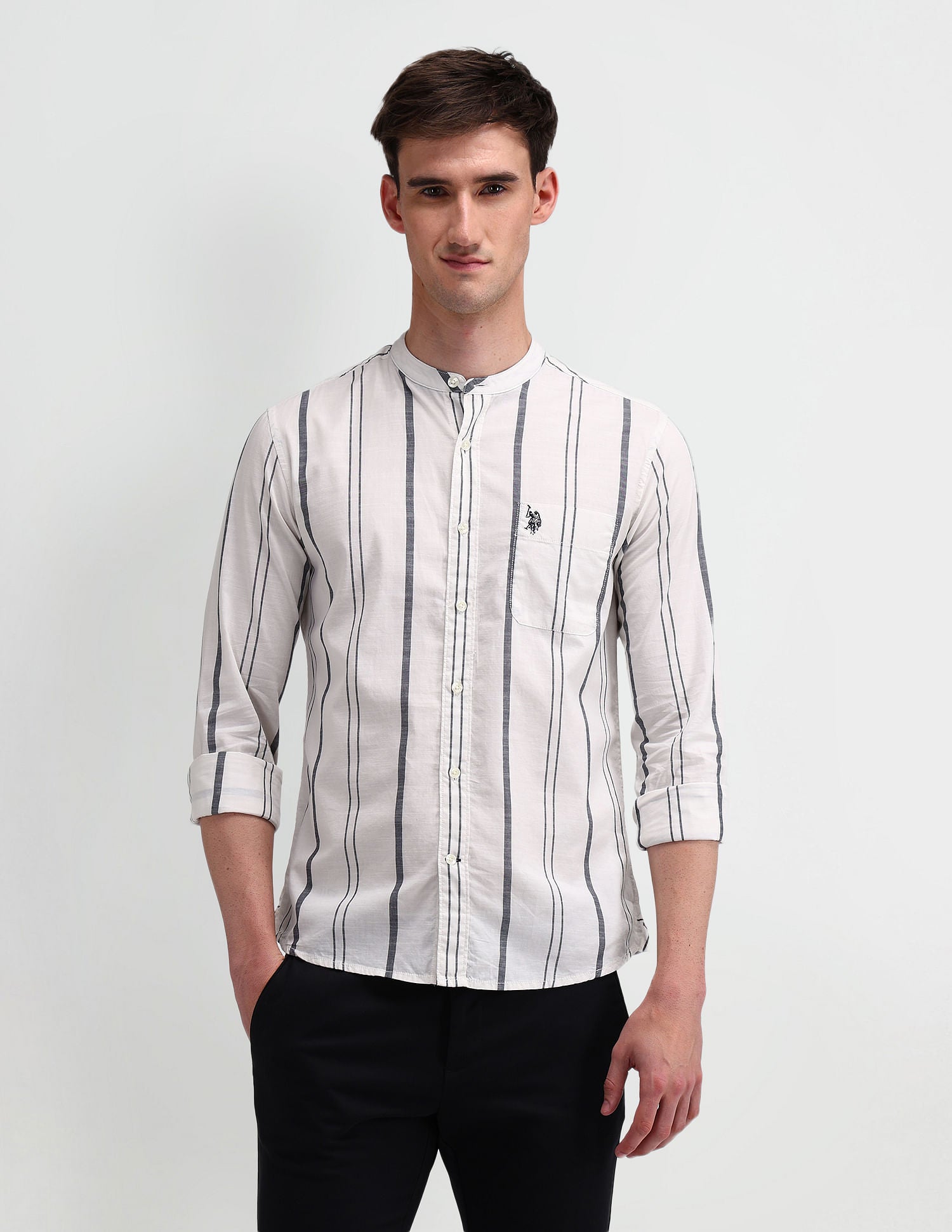 Slim Fit Vertical Striped Shirt Light-Grey - U.S. Polo Assn. India | Large