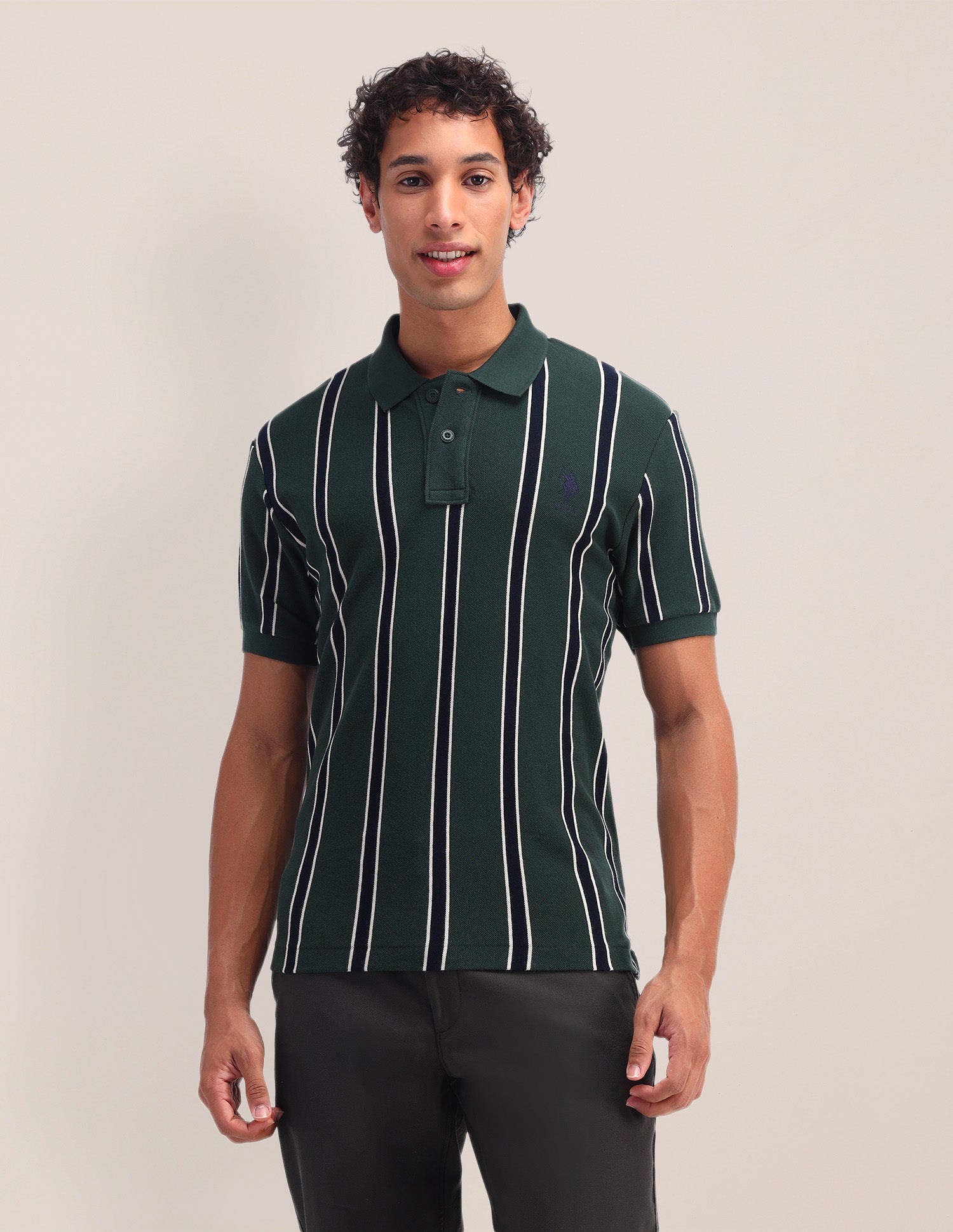 Pure Cotton Vertical Striped Polo Shirt Green - U.S. Polo Assn. India | Large