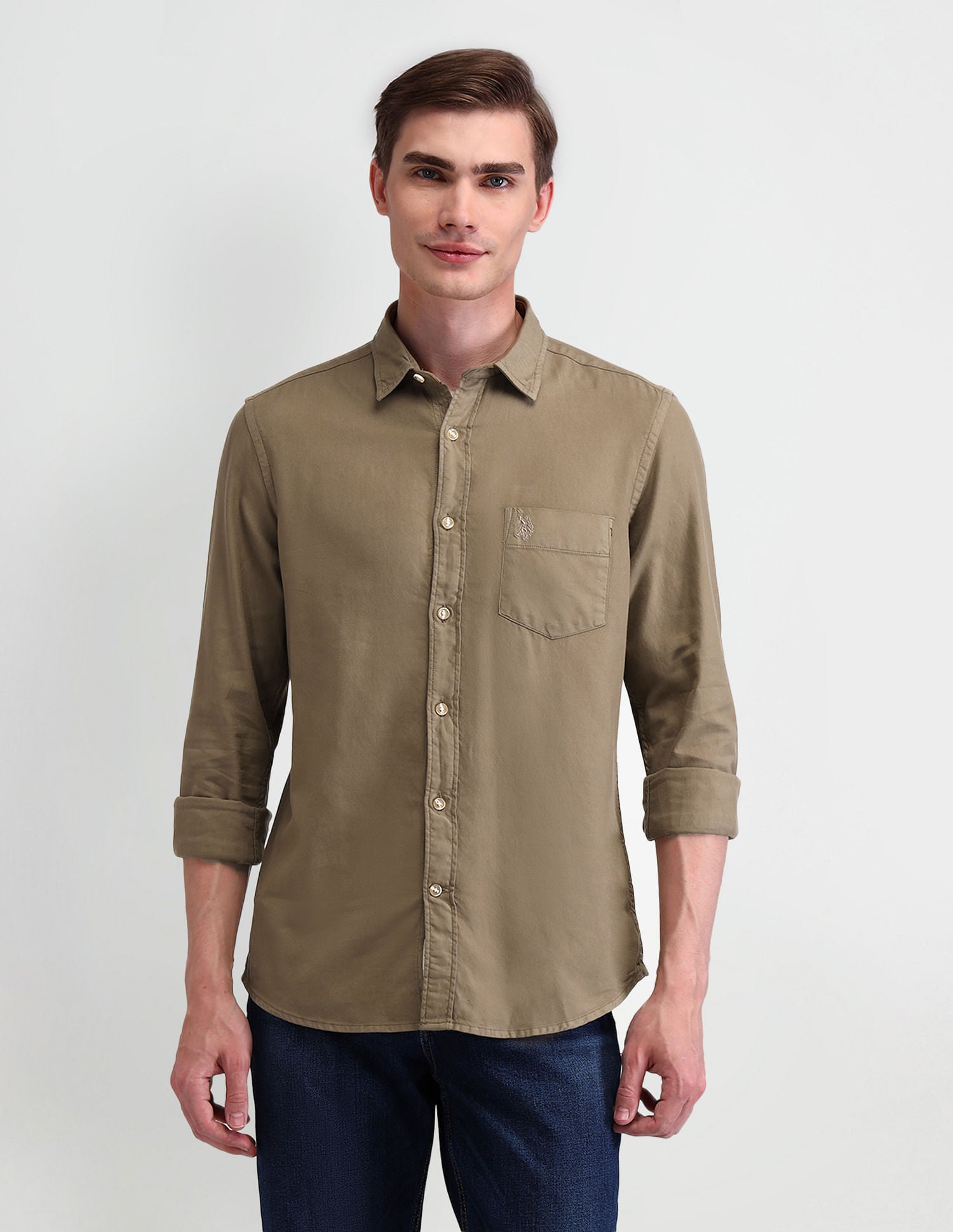 Solid Slim Fit Shirt Khaki - U.S. Polo Assn. India | Large
