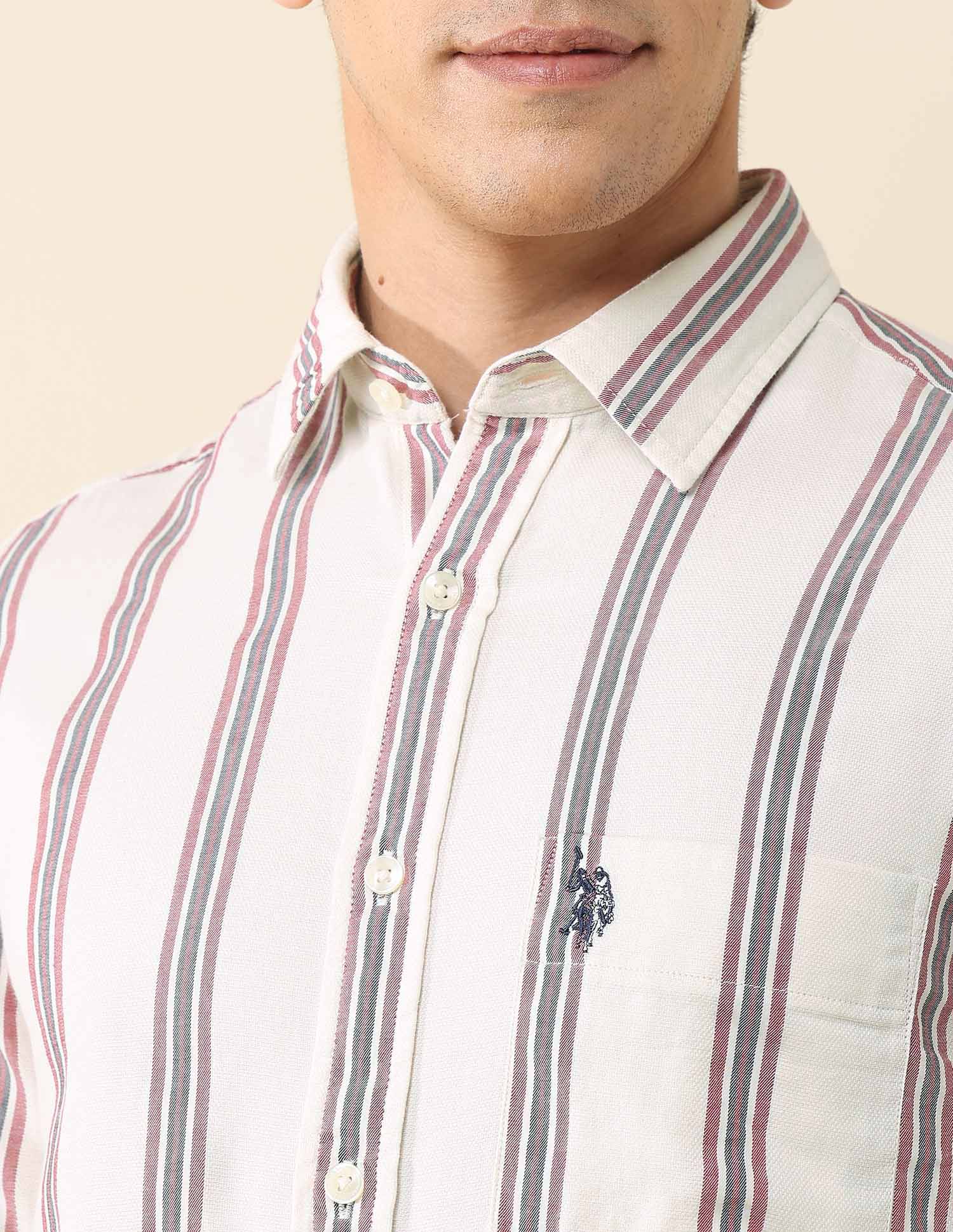 Vertical Striped Pure Cotton Shirt Ivory - U.S. Polo Assn. India | Large