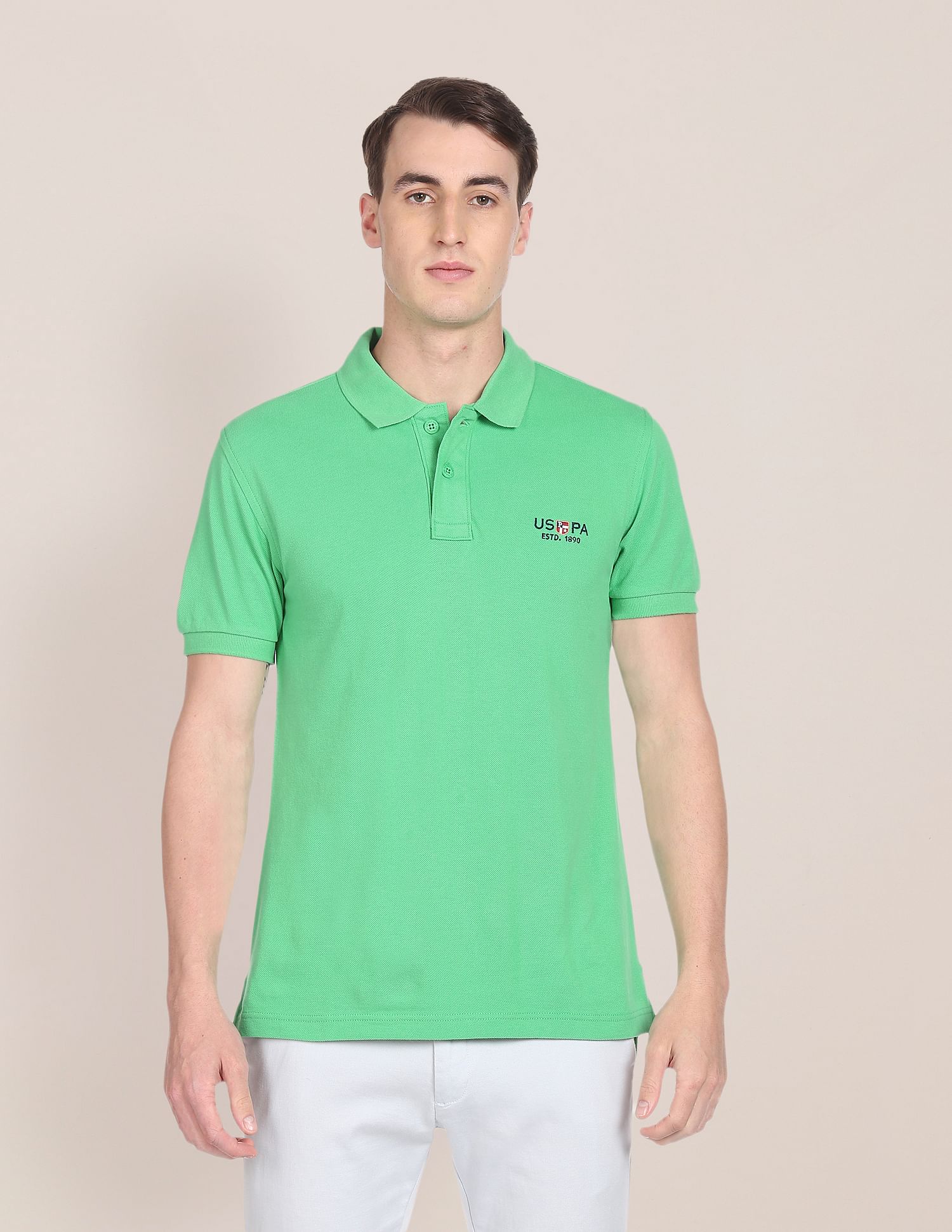 Ribbed Collar Pure Cotton Solid Polo Shirt Green - U.S. POLO ASSN. | Large