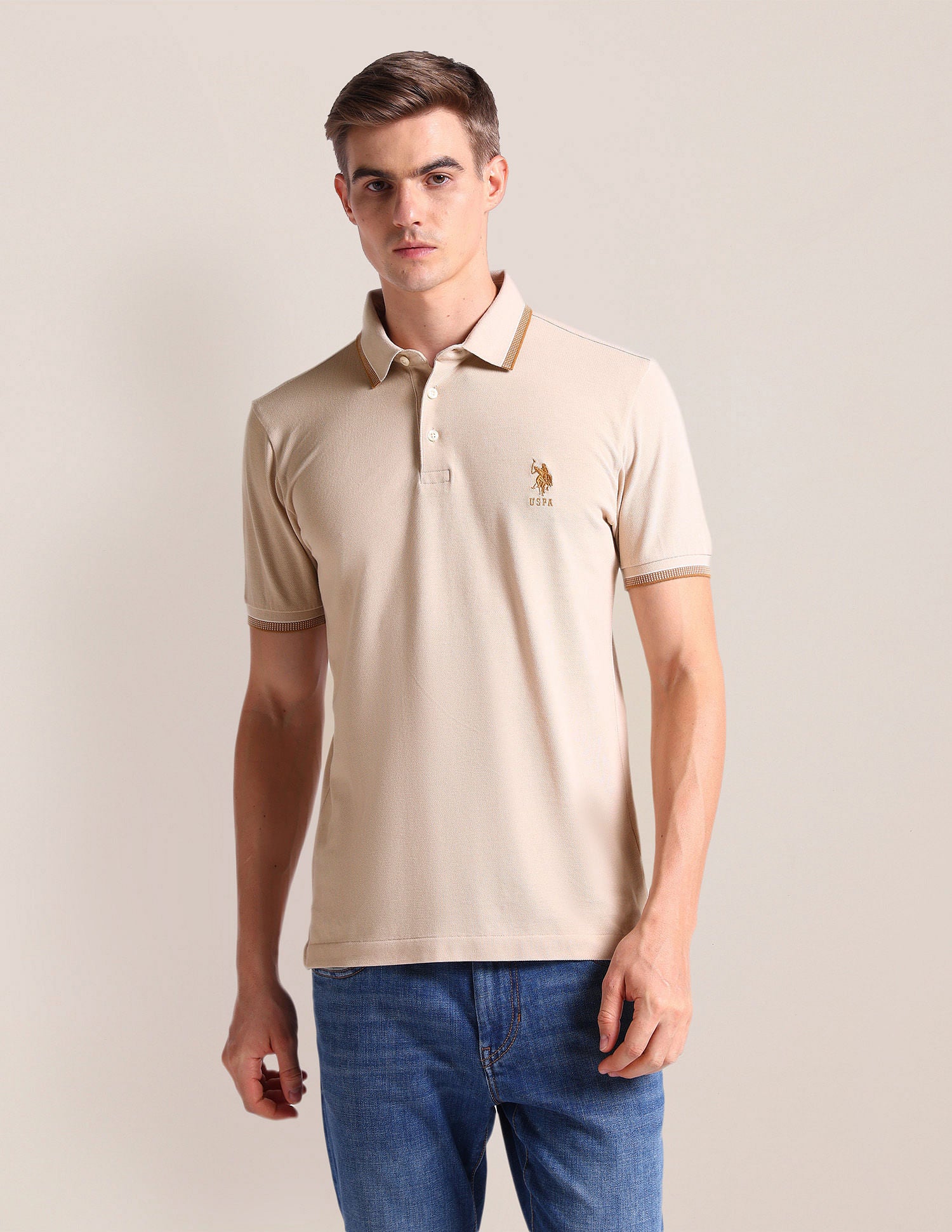 Solid Slim Fit Polo Shirt Beige - U.S. Polo Assn. India | Large