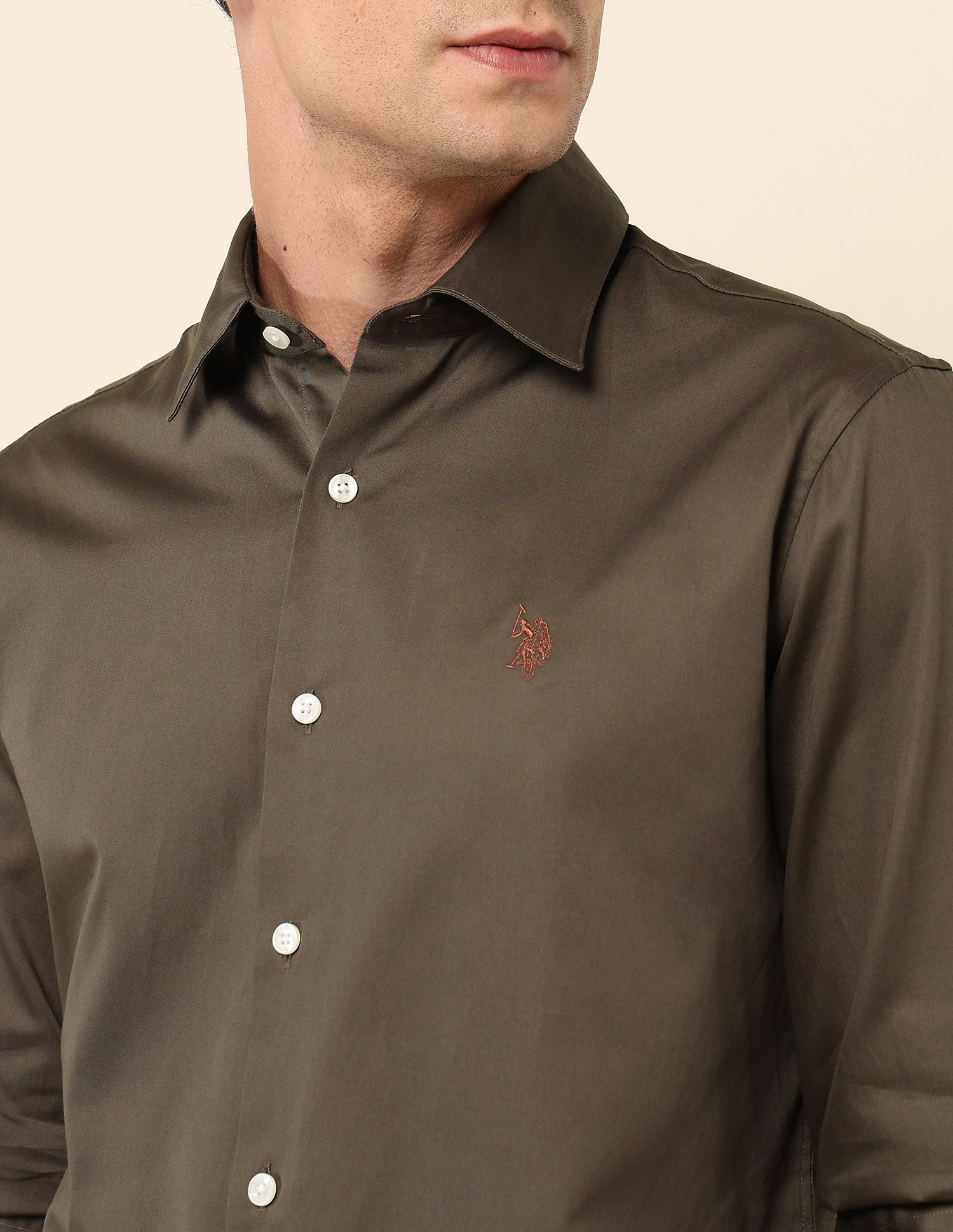 Tailored Fit Satin Pure Cotton Shirt Brown - U.S. Polo Assn. India | Large