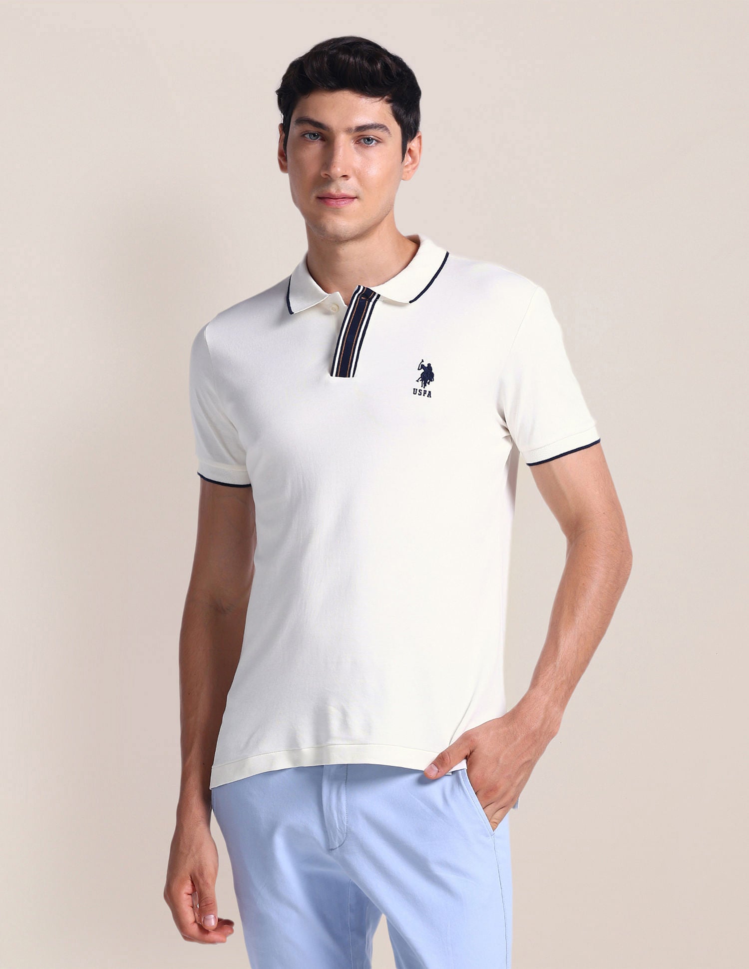 Stripe Placket Slim Polo Shirt Off White - U.S. Polo Assn. India | Large