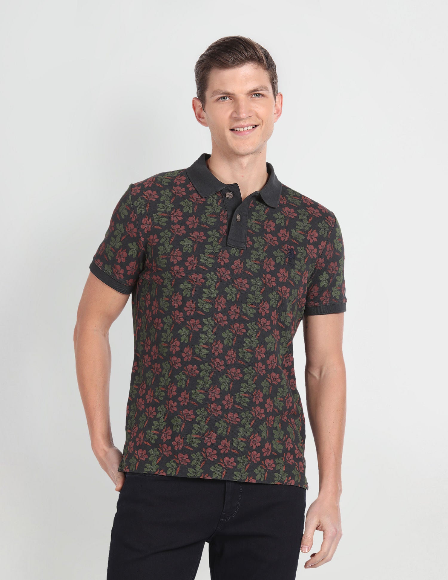 Floral Print Muscle Fit Polo Shirt Charcoal - U.S. Polo Assn. India | Large