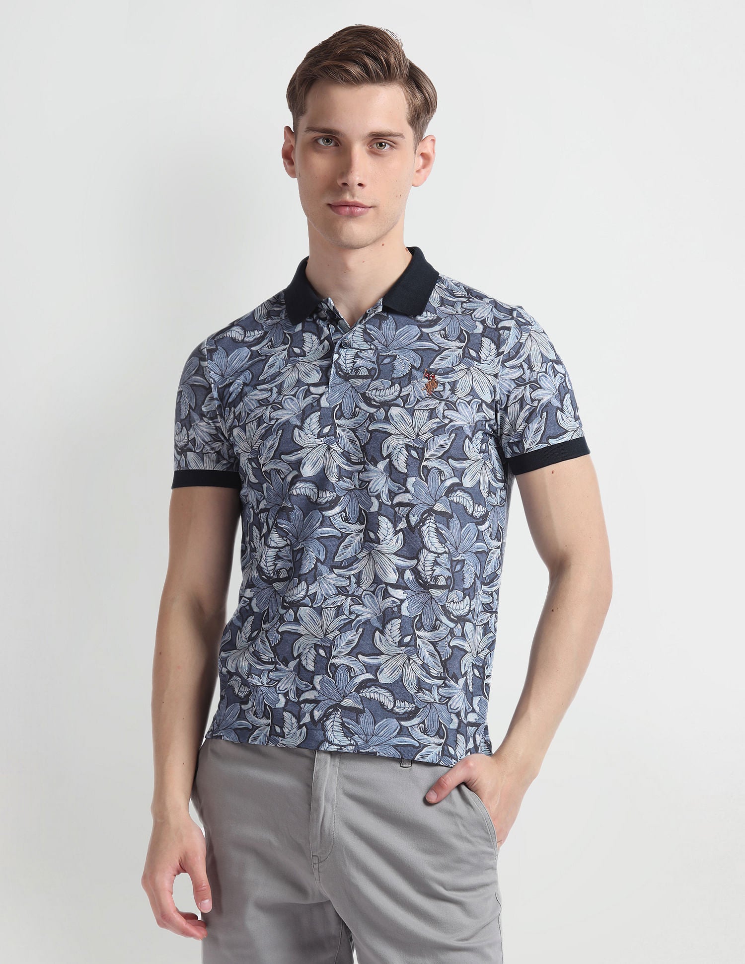 Floral Print Pique Polo Shirt Blue - U.S. Polo Assn. India | Large