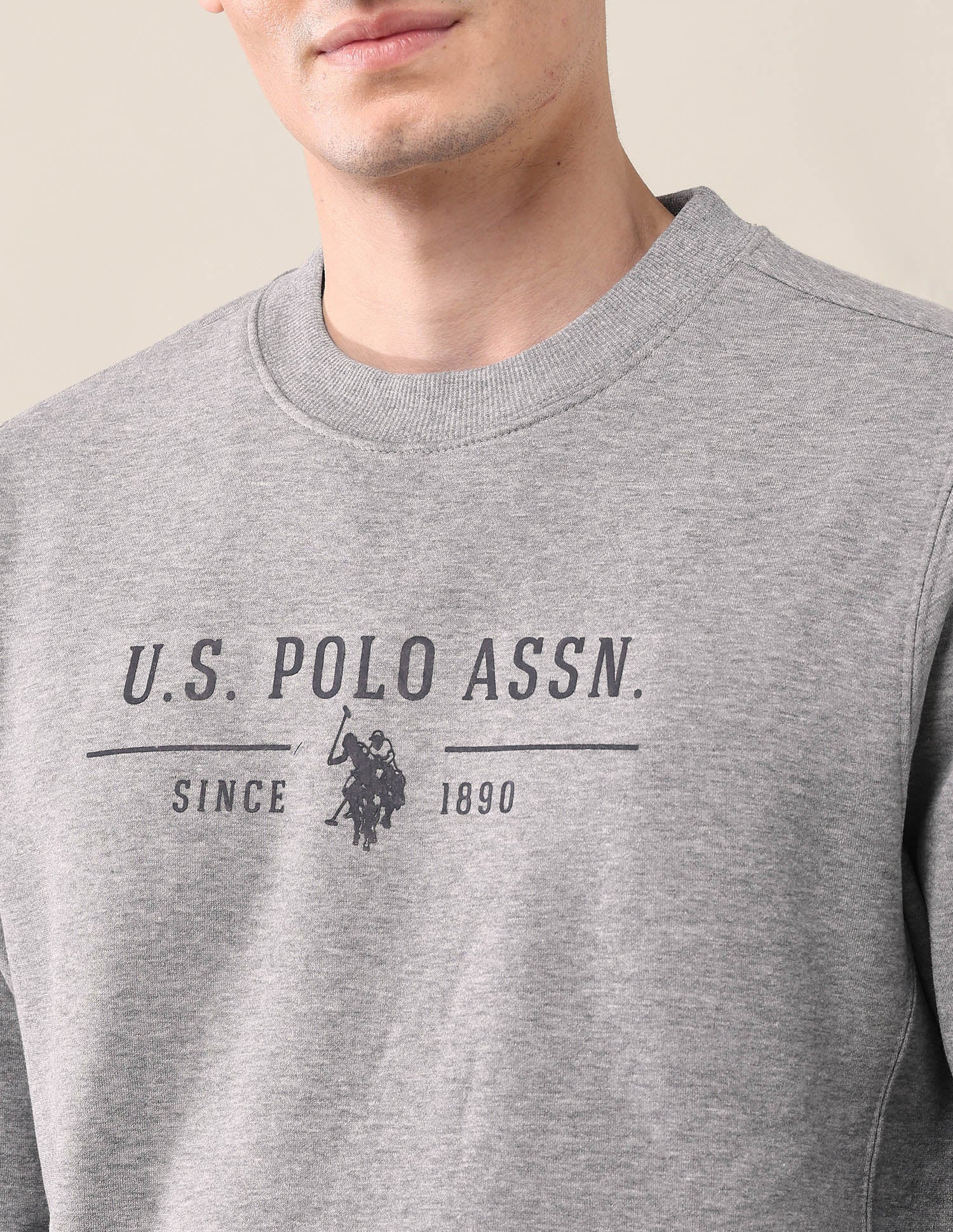 Brand Printed Crew Neck Sweatshirt Grey Mel - U.S. Polo Assn. India | Large