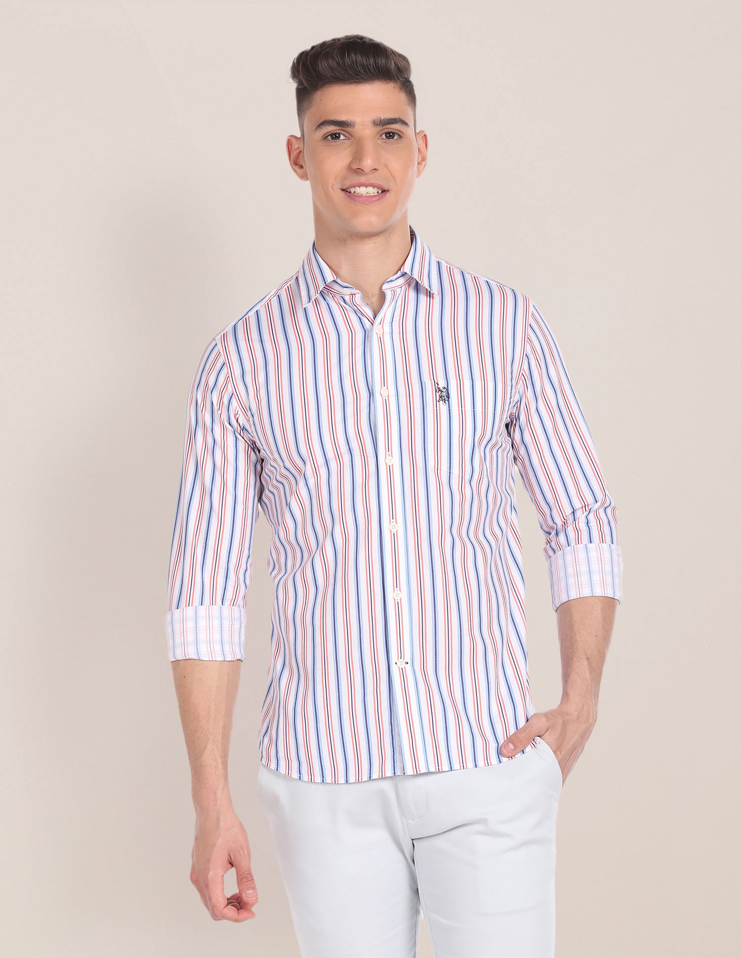 Vertical Stripe Cotton Shirt White, Blue and Red - U.S. Polo Assn. India | Large