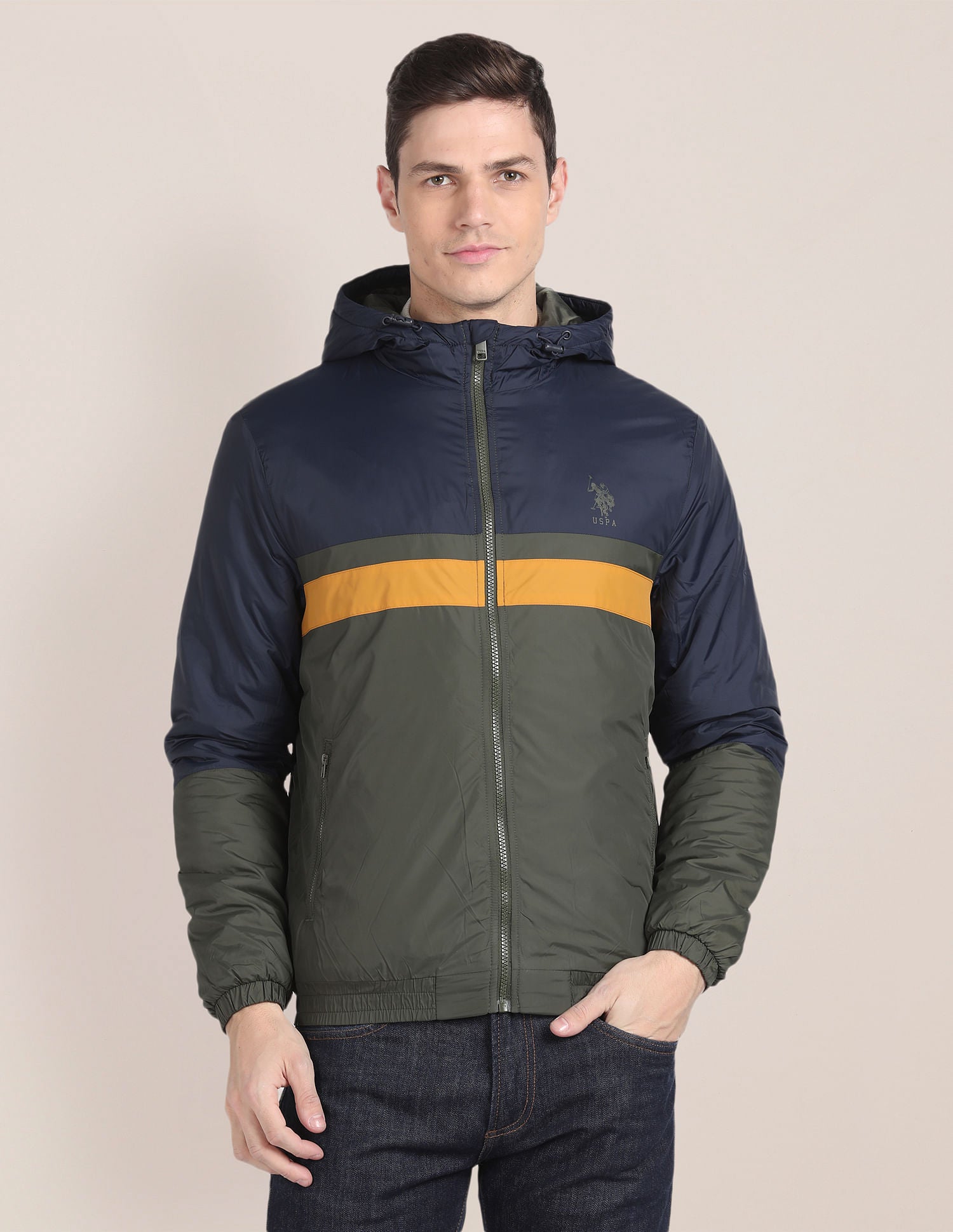 Colour Block Hooded Jacket Olive - U.S. POLO ASSN. | Large