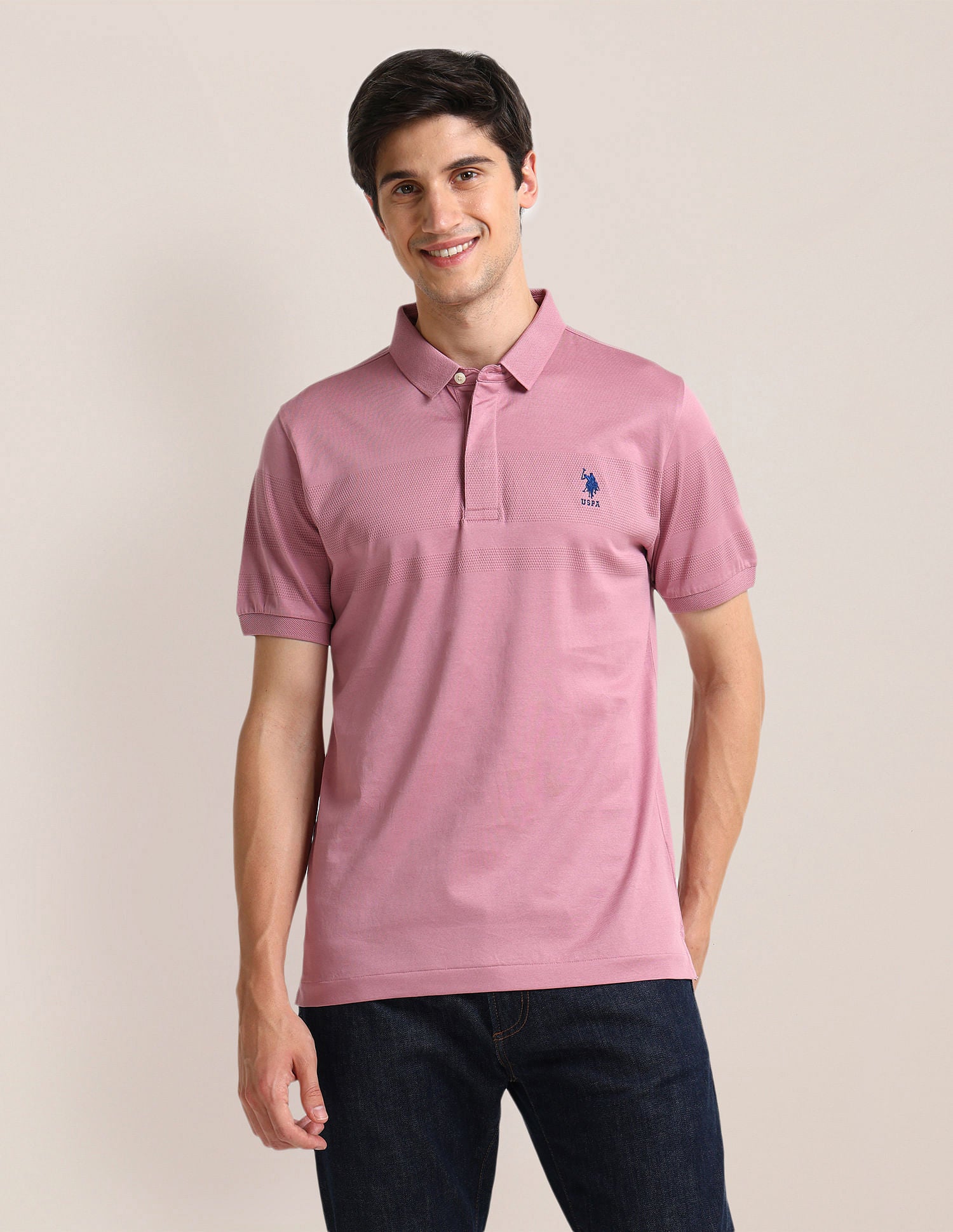 Slim Fit Horizontal Stripe Polo Shirt Light Pink - U.S. Polo Assn. India | Large