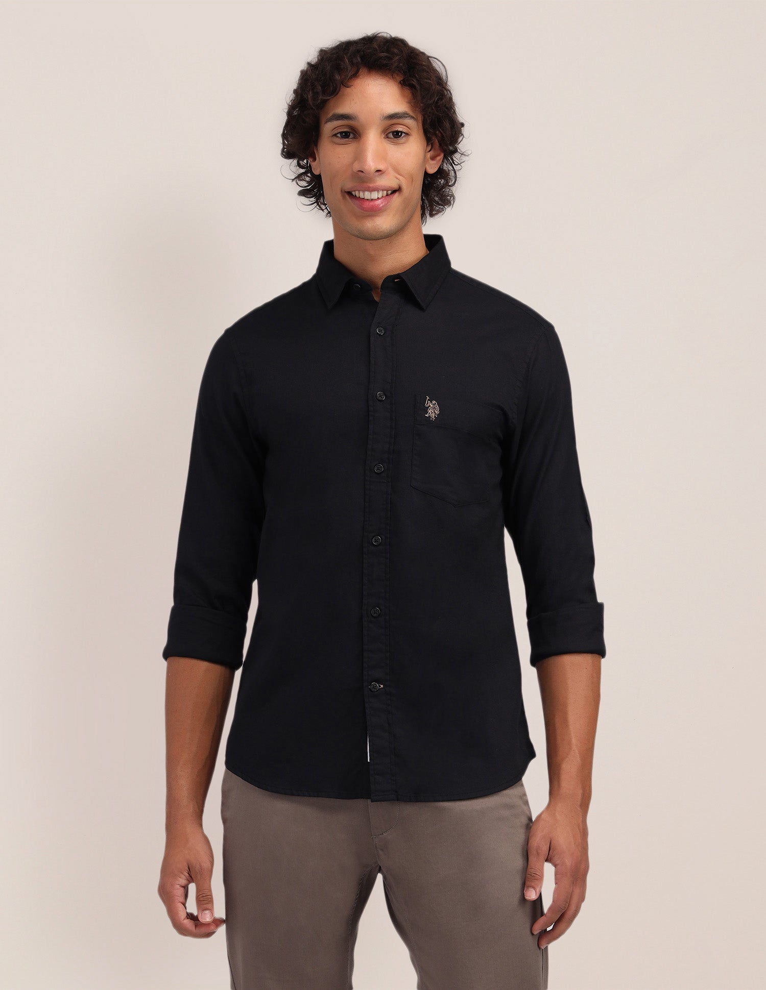 Solid Pattern Dobby Shirt Black - U.S. Polo Assn. India | Large