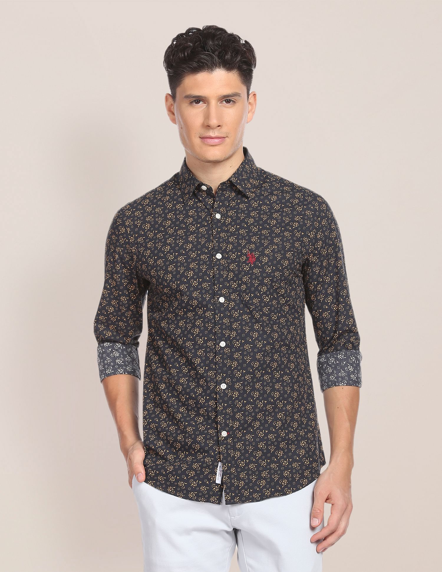 Floral Cotton Shirt Navy and Ochre - U.S. Polo Assn. India | Large
