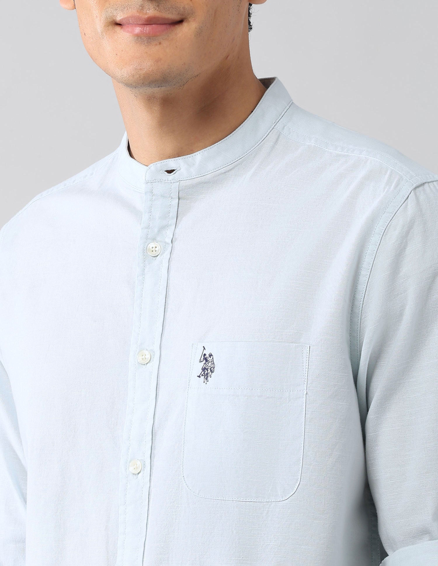 Solid Regular Fit Mandarin Shirt Aqua - U.S. Polo Assn. India | Large