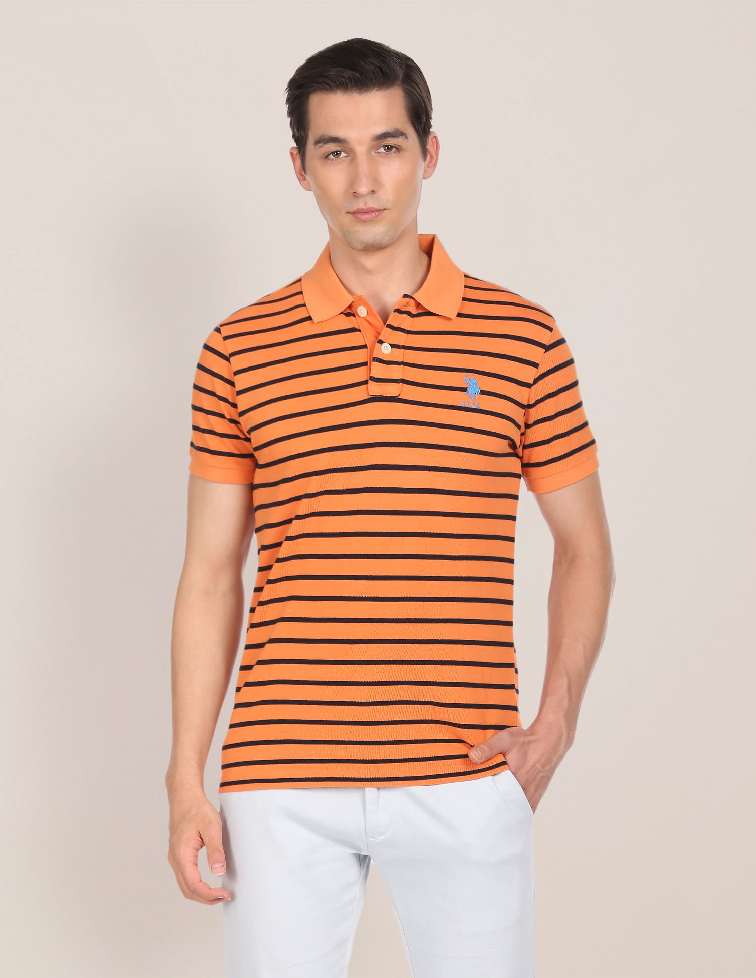 Ribbed Collar Horizontal Stripe Polo Shirt Orange - U.S. Polo Assn. India | Large