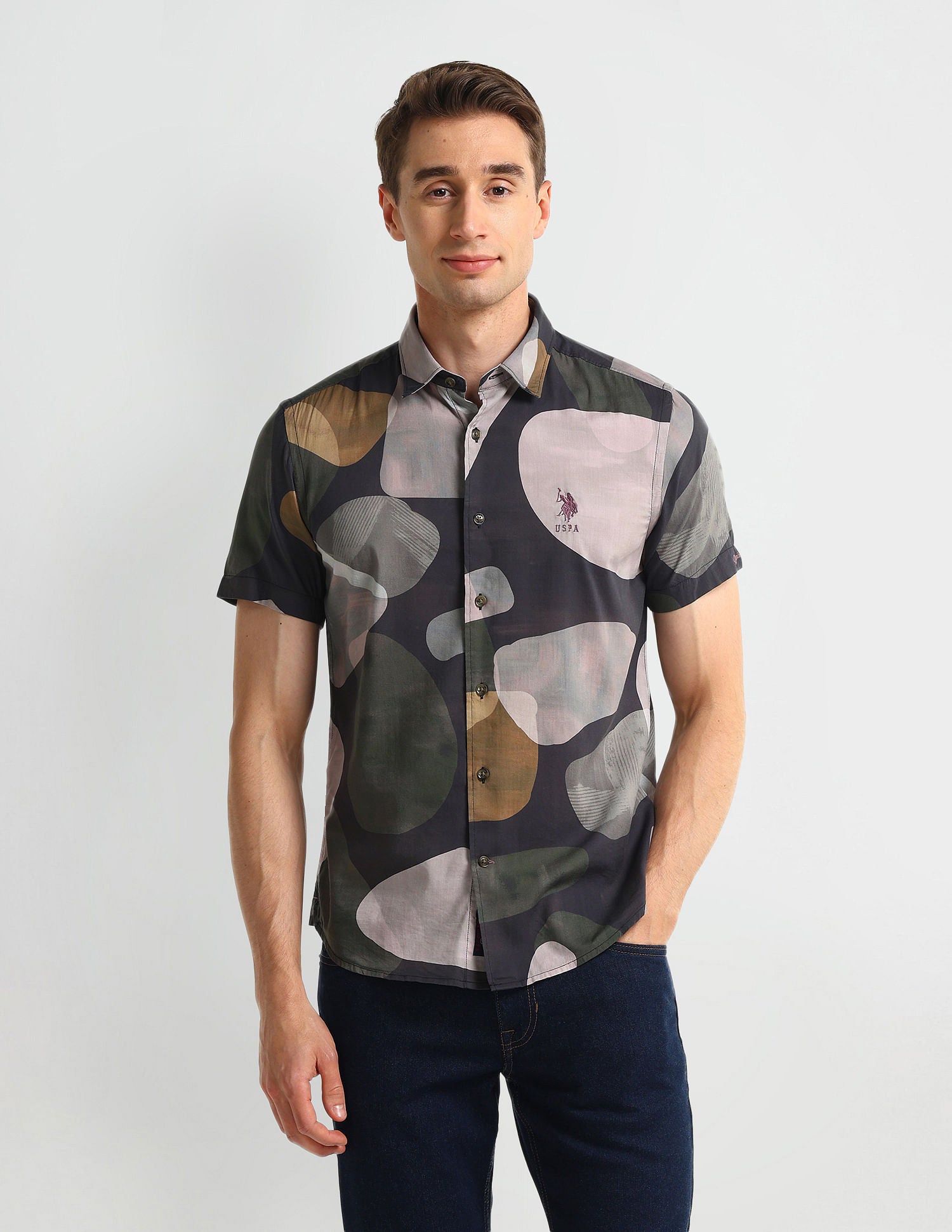 Abstract Print Slim Fit Shirt Olive - U.S. Polo Assn. India | Large