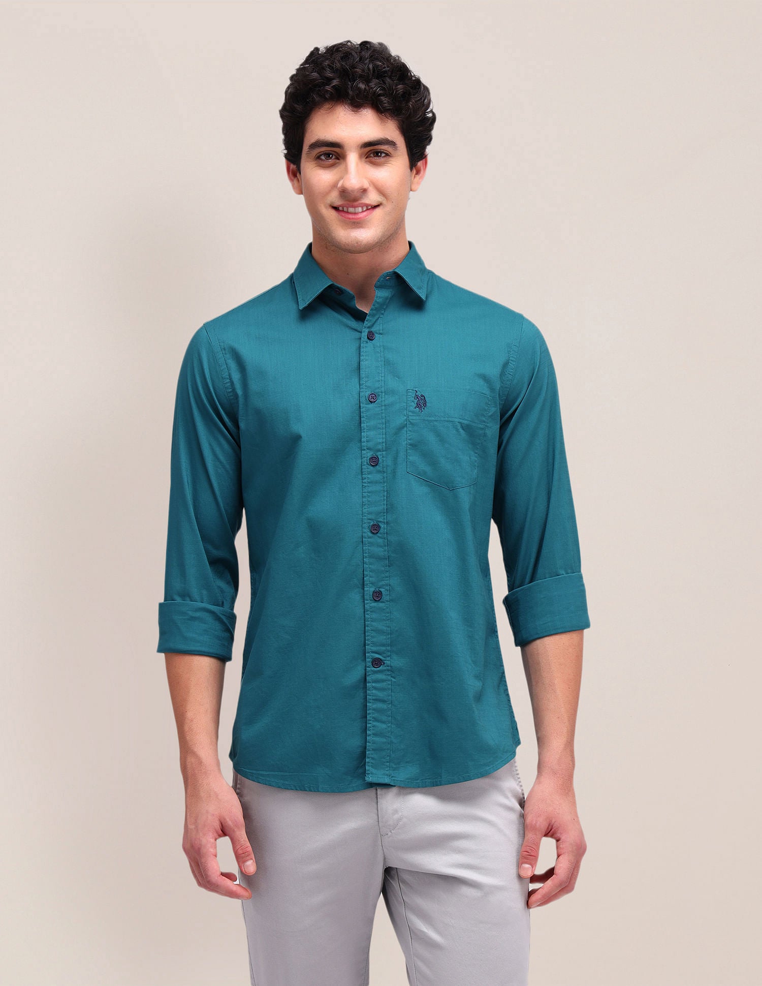 Solid Regular Fit Shirt Teal - U.S. Polo Assn. India | Large