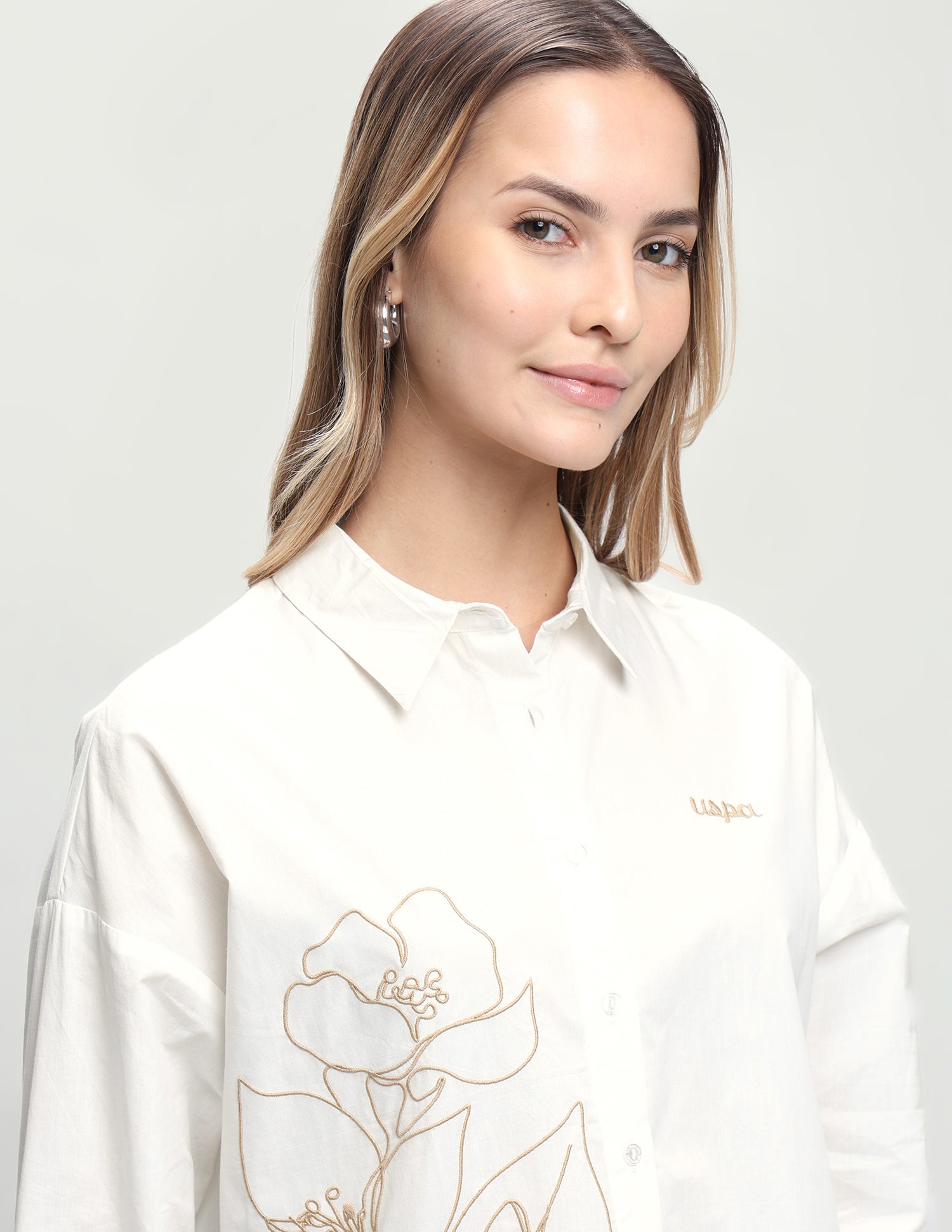 Floral Embroidered Oversized Fit Shirt Off White - U.S. Polo Assn. India | Large