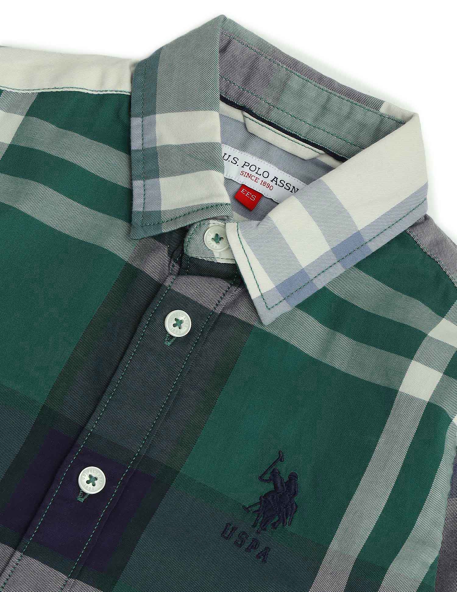 Boys Plaid Check Twill Shirt Green - U.S. Polo Assn. India | Large