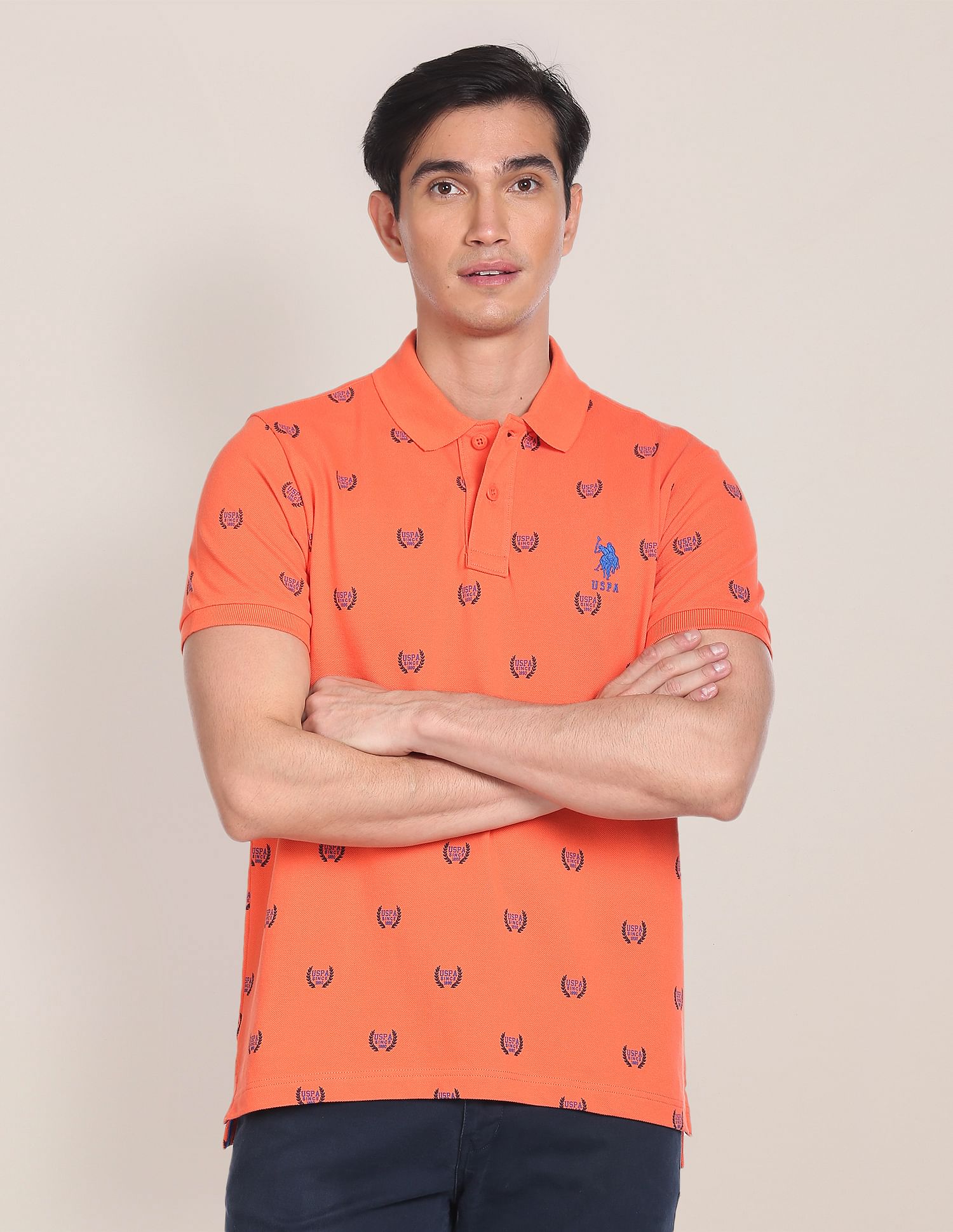 All Over Branding Cotton Polo Shirt Orange - U.S. Polo Assn. India | Large
