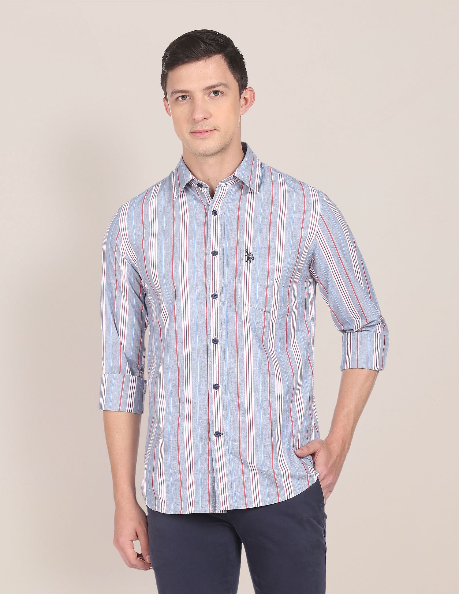 Men Light Grey Vertical Stripe Cotton Casual Shirt – U.S. Polo Assn. India