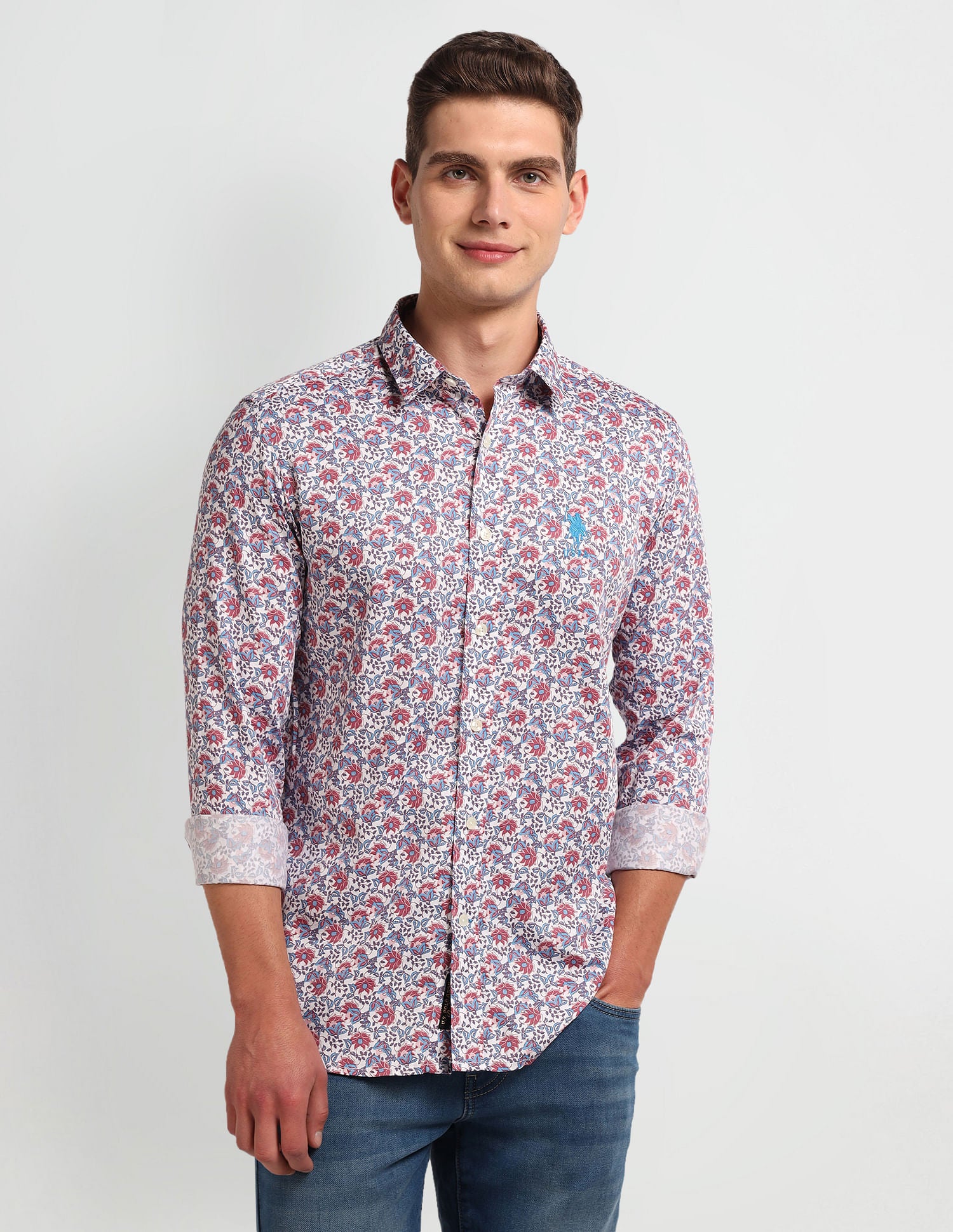 Floral Print Slim Fit Shirt Pink - U.S. Polo Assn. India | Large