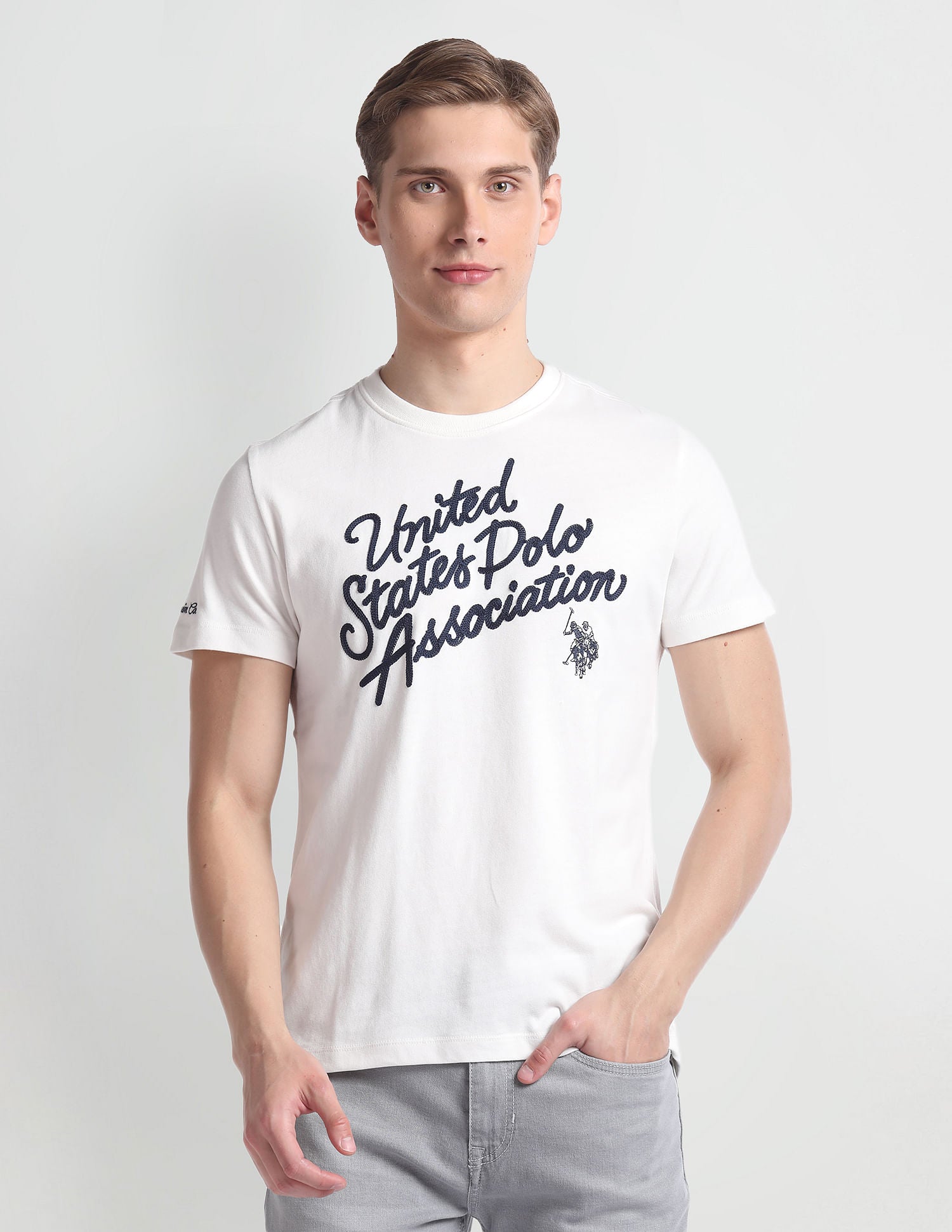 Crew Neck Brand Embroidered T-Shirt Ivory - U.S. Polo Assn. India | Large